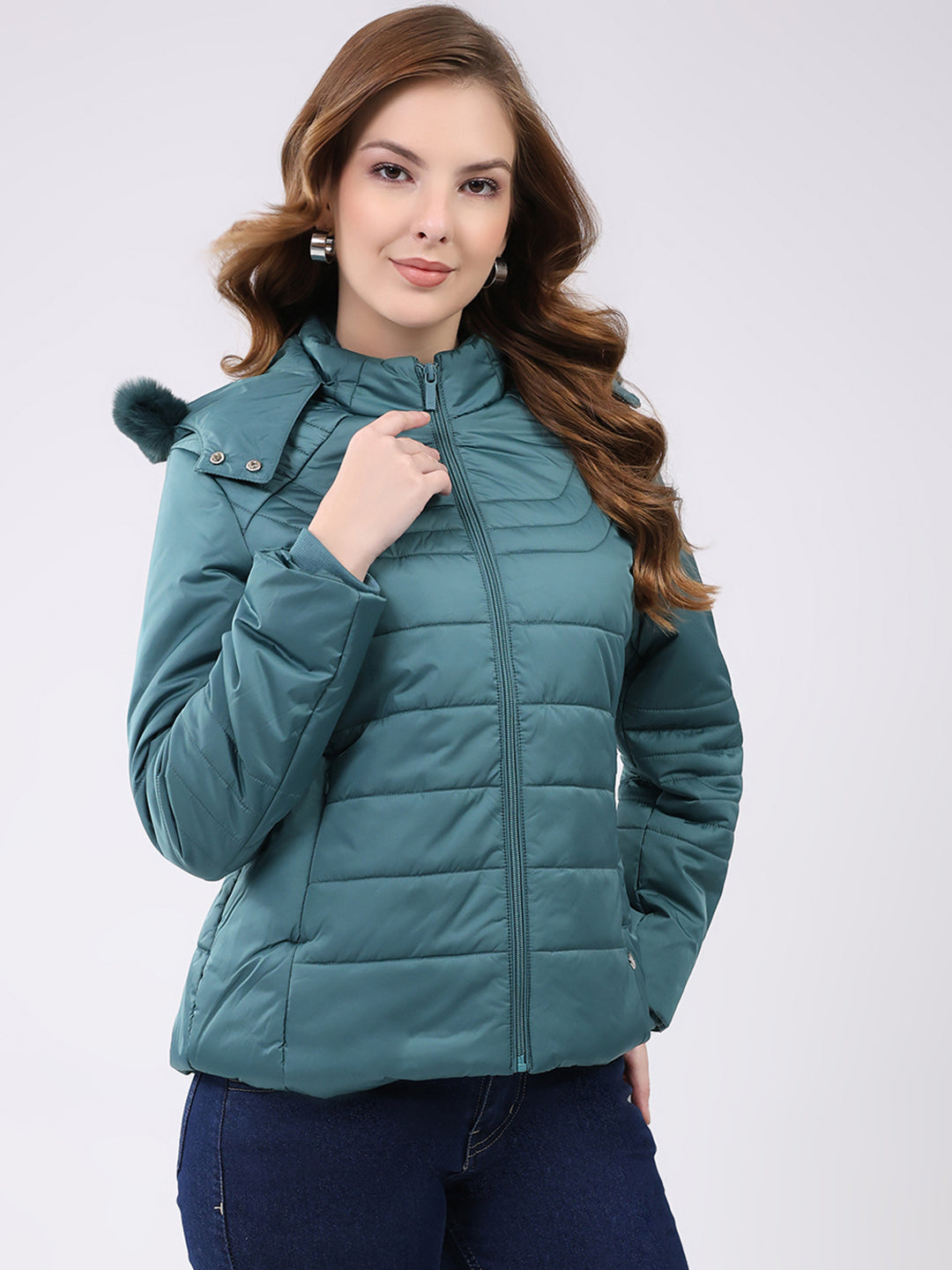 Women Teal Green Solid Hooded Full Sleeve Jacket