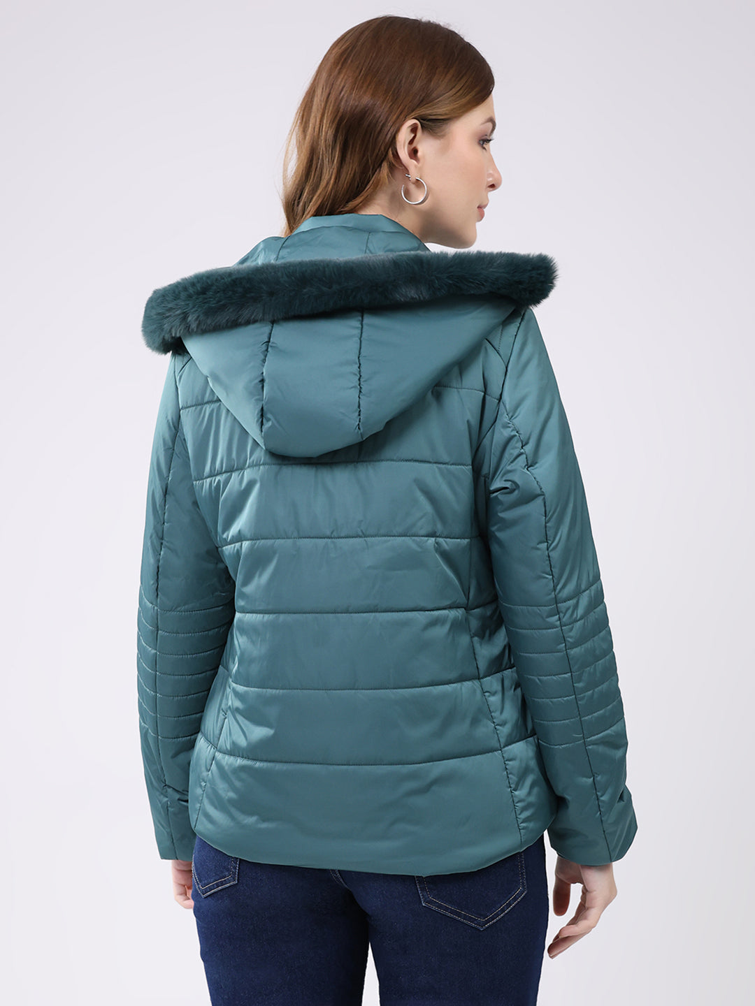 Women Teal Green Solid Hooded Full Sleeve Jacket