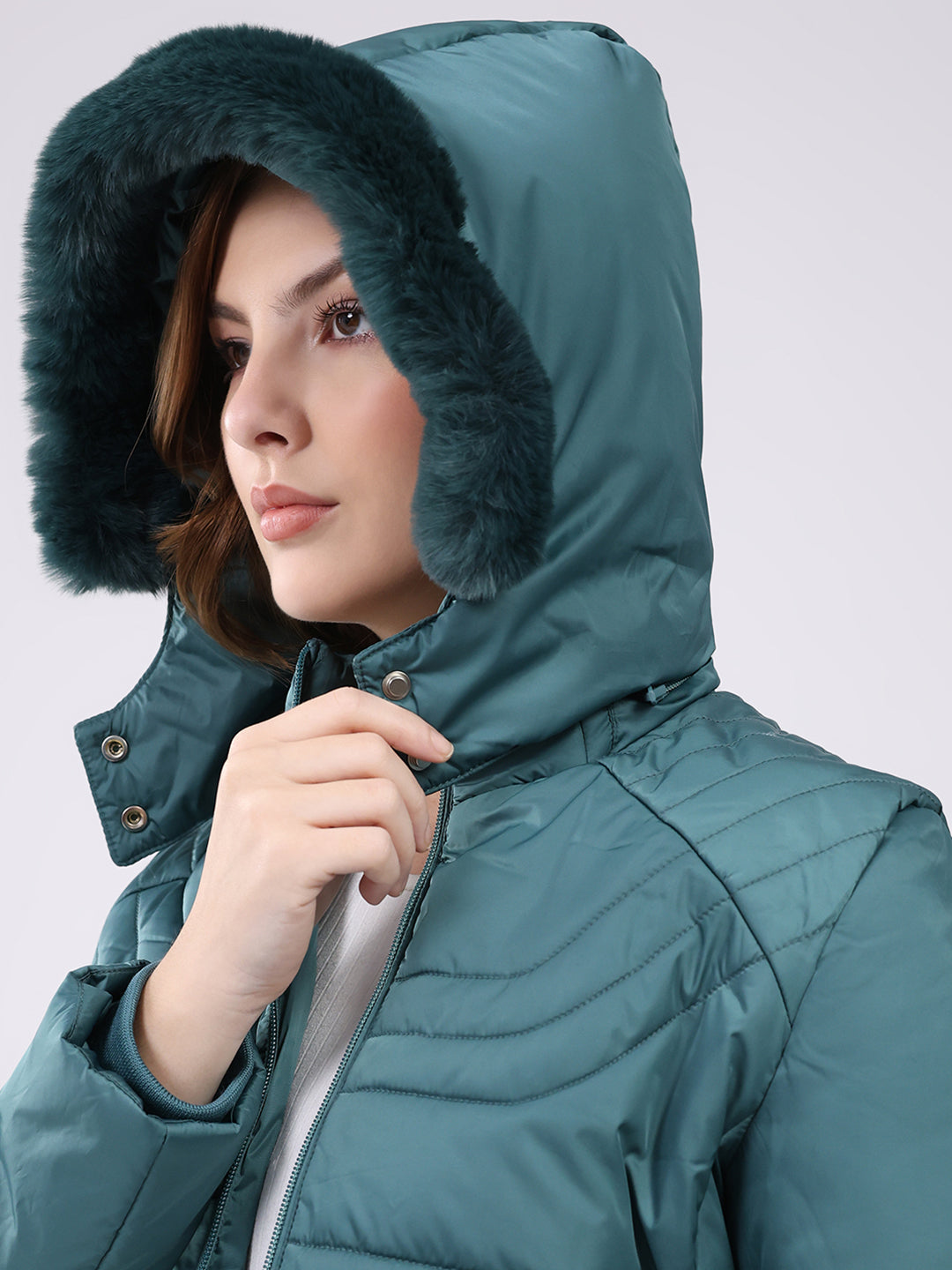Women Teal Green Solid Hooded Full Sleeve Jacket