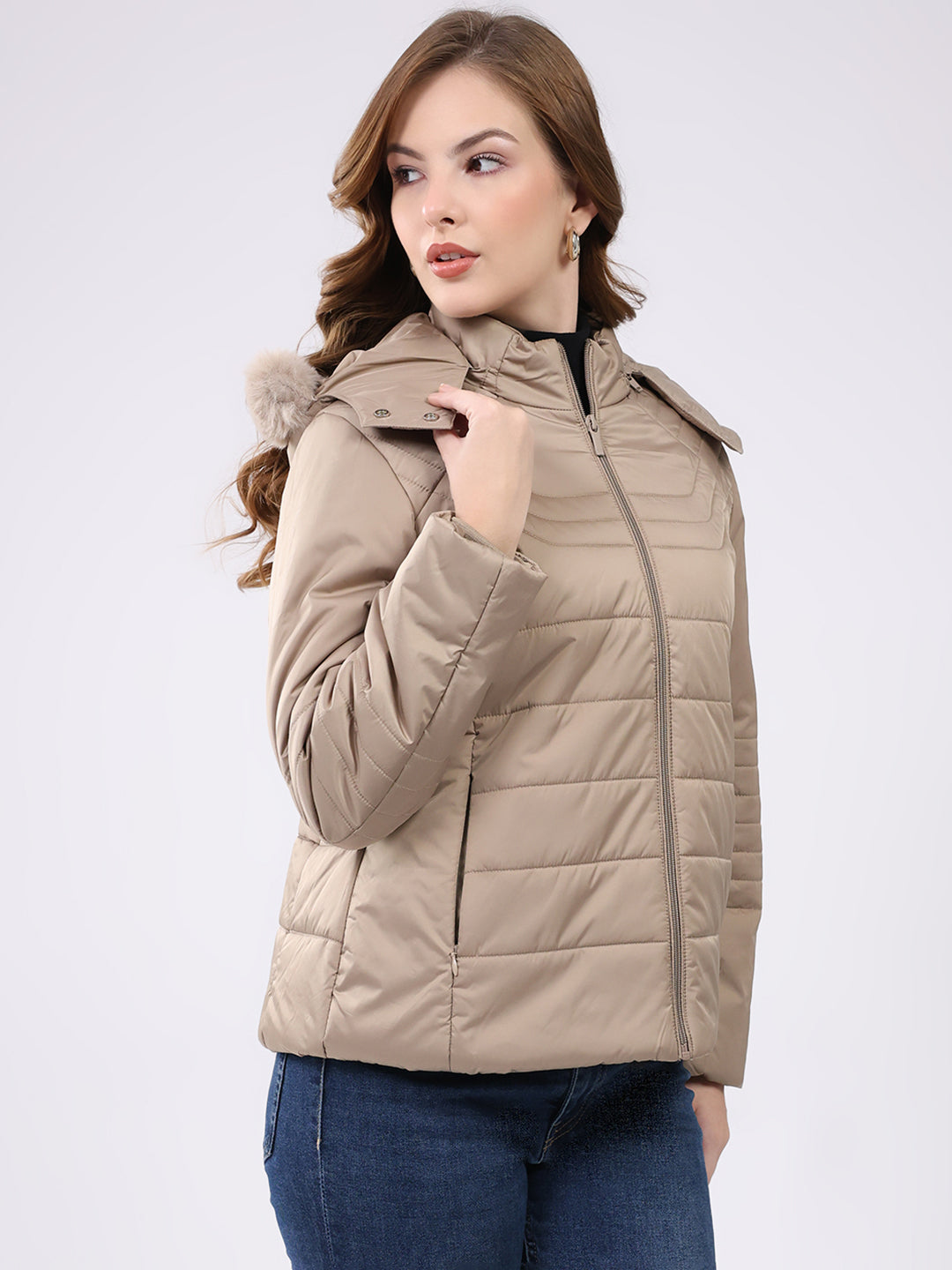 Women Beige Solid Hooded Full Sleeve Jacket