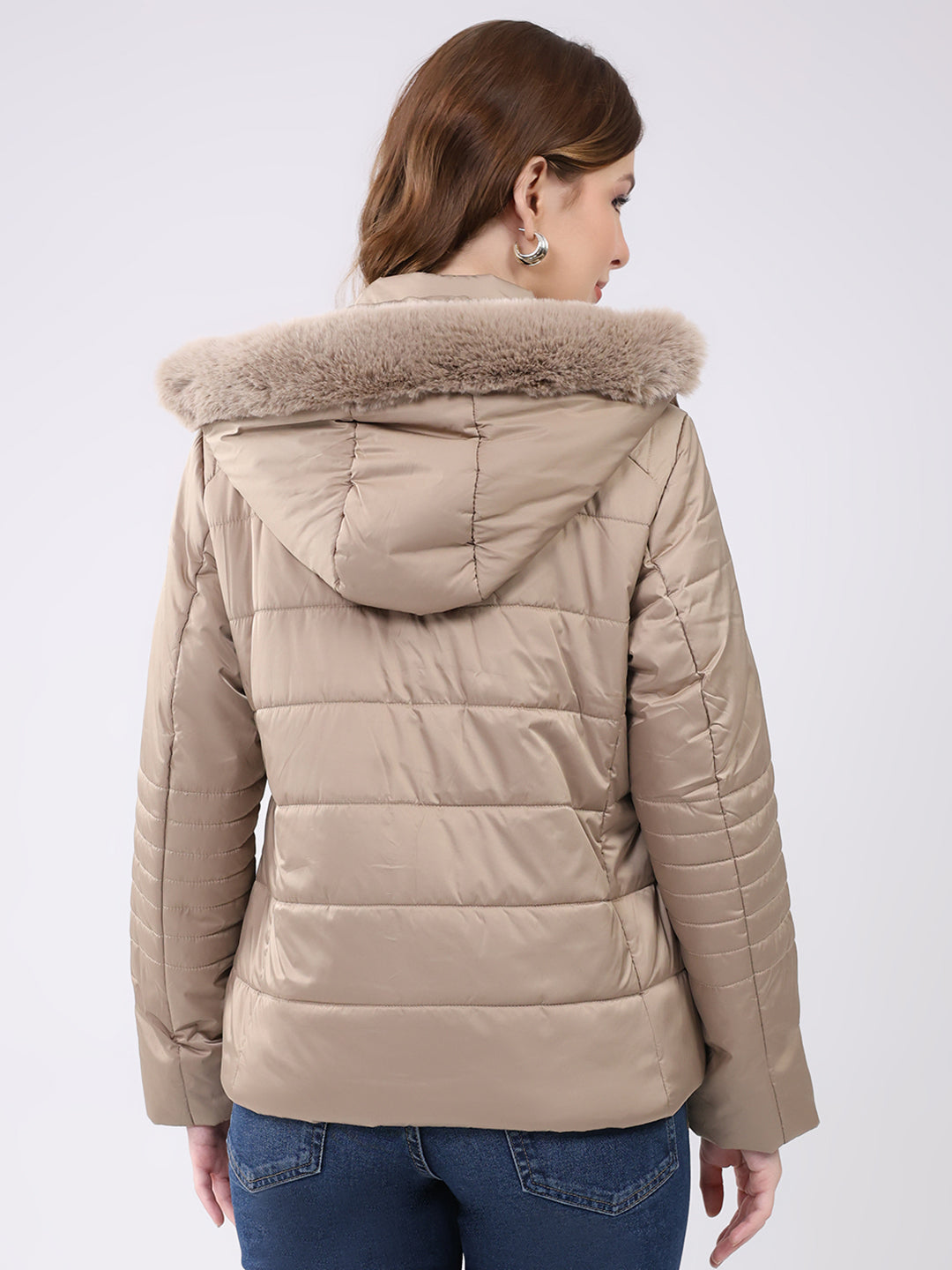Women Beige Solid Hooded Full Sleeve Jacket