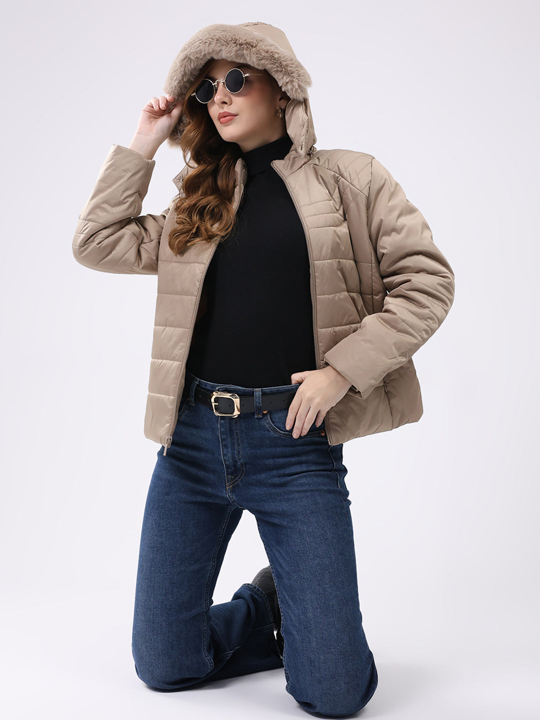 Women Beige Solid Hooded Full Sleeve Jacket