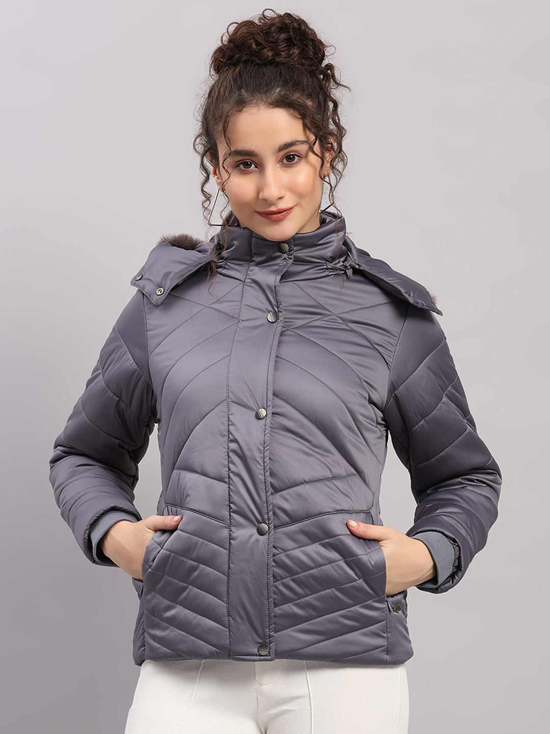 Women Grey Solid Hooded Full Sleeve Jacket