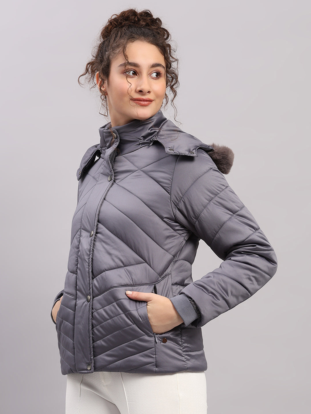 Women Grey Solid Hooded Full Sleeve Jacket