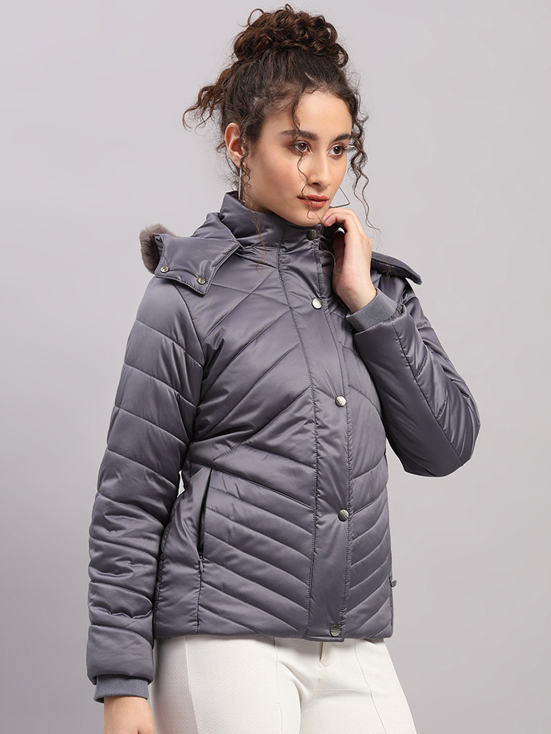 Women Grey Solid Hooded Full Sleeve Jacket