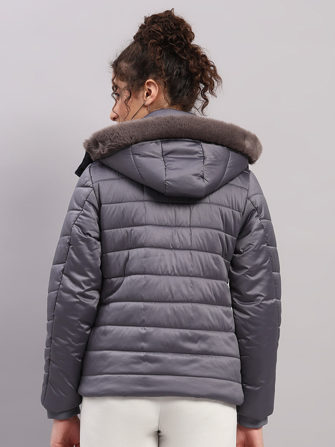 Women Grey Solid Hooded Full Sleeve Jacket