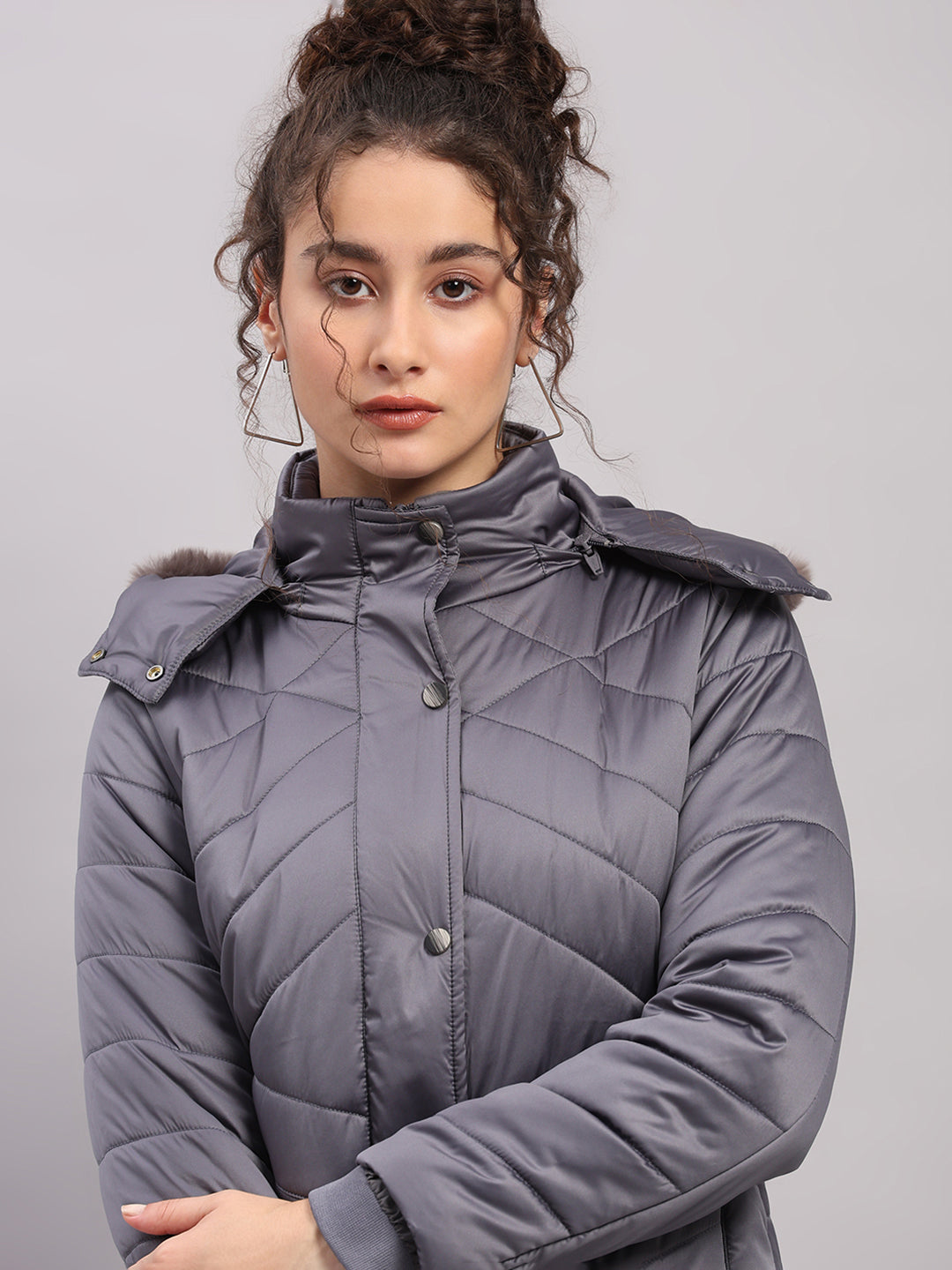 Women Grey Solid Hooded Full Sleeve Jacket