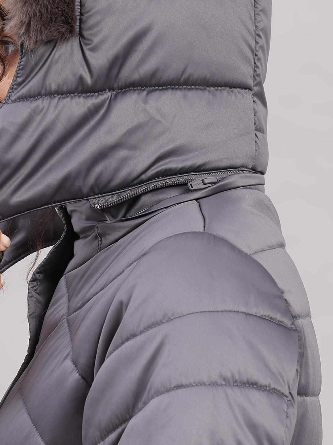 Women Grey Solid Hooded Full Sleeve Jacket