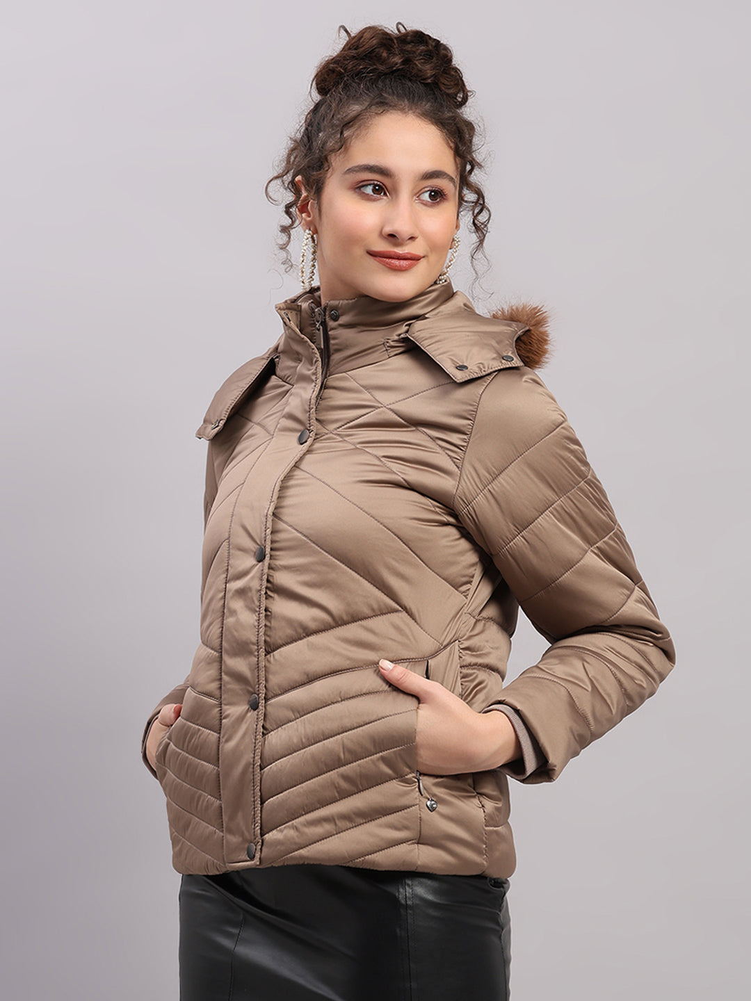 Women Brown Solid Hooded Full Sleeve Jacket