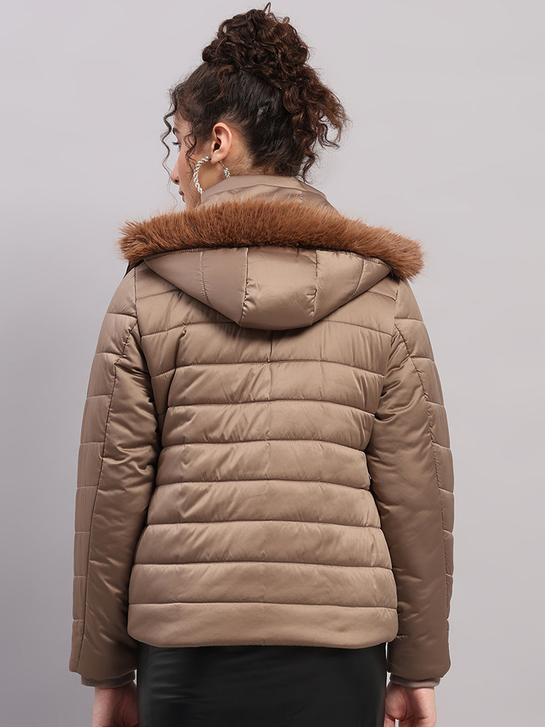 Women Brown Solid Hooded Full Sleeve Jacket