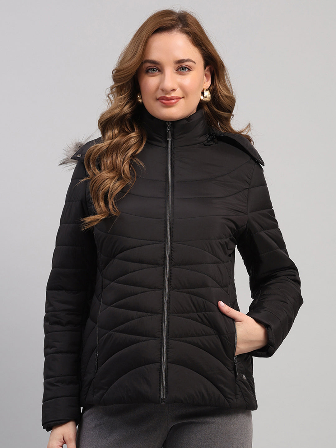 Women Black Solid Hooded Full Sleeve Jacket