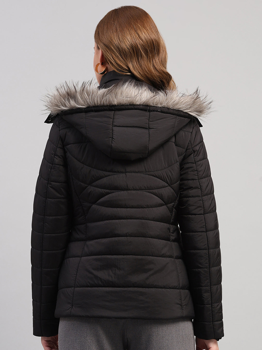 Women Black Solid Hooded Full Sleeve Jacket