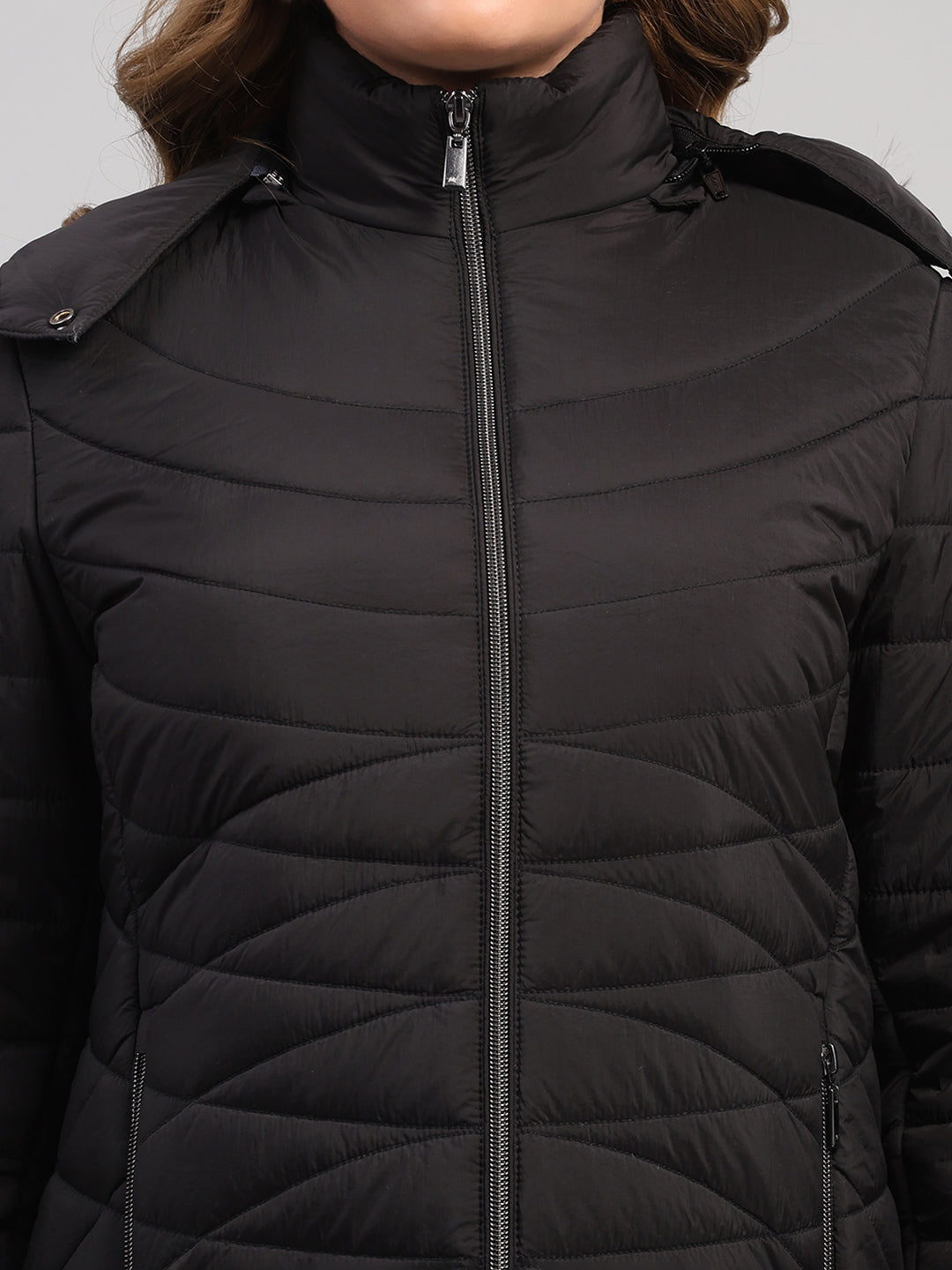 Women Black Solid Hooded Full Sleeve Jacket