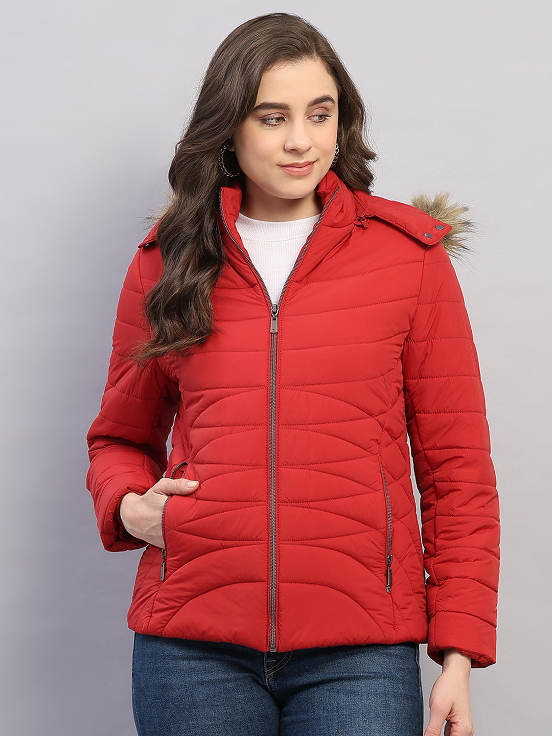 Women Red Solid Hooded Full Sleeve Jacket