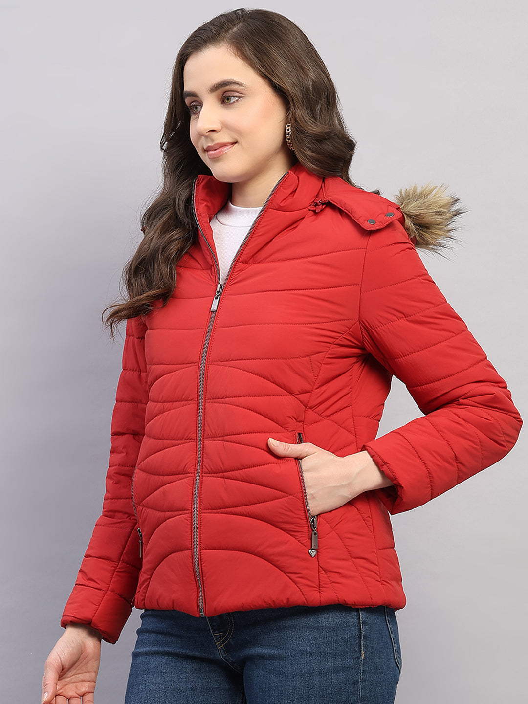 Women Red Solid Hooded Full Sleeve Jacket