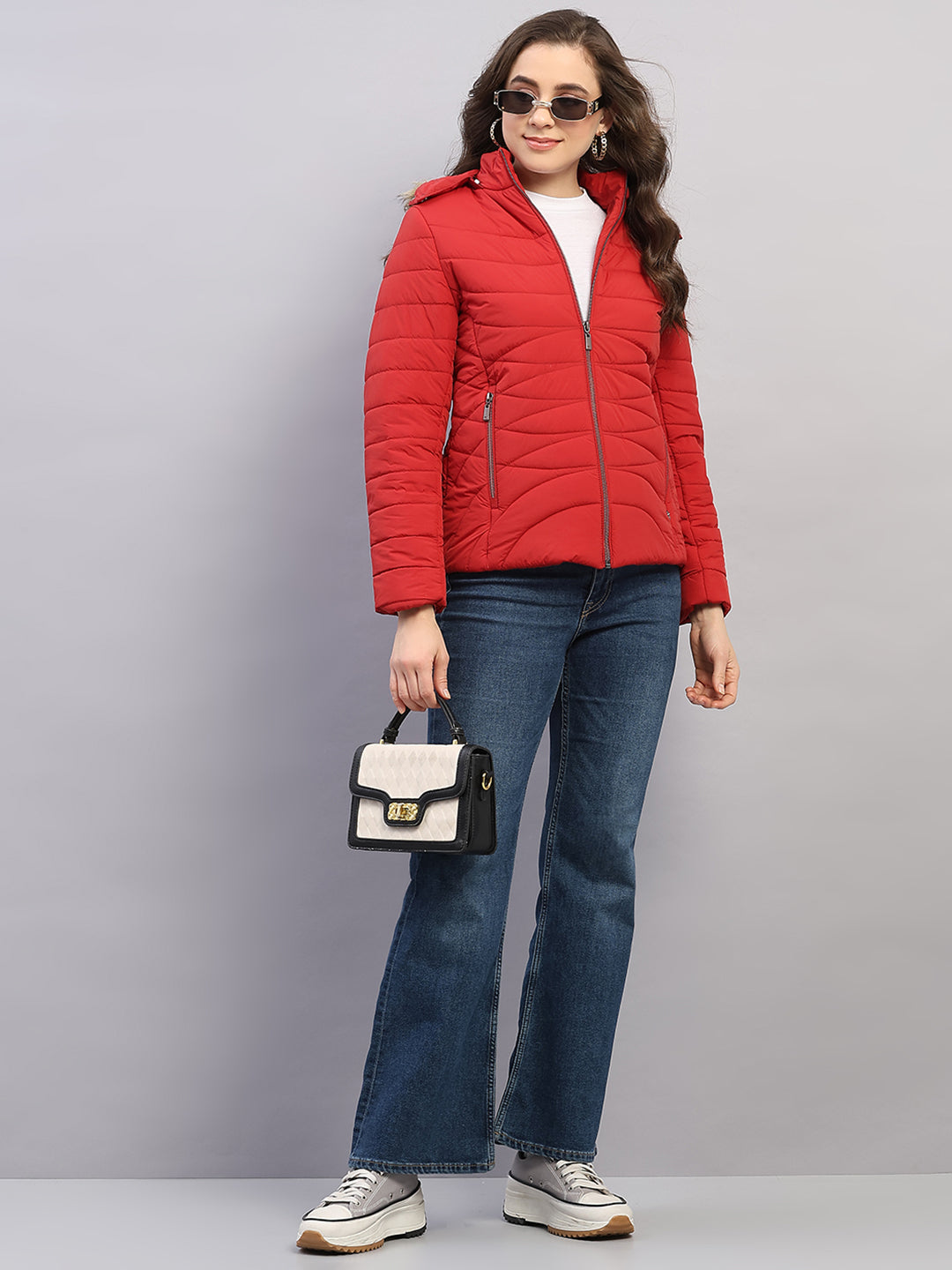 Women Red Solid Hooded Full Sleeve Jacket