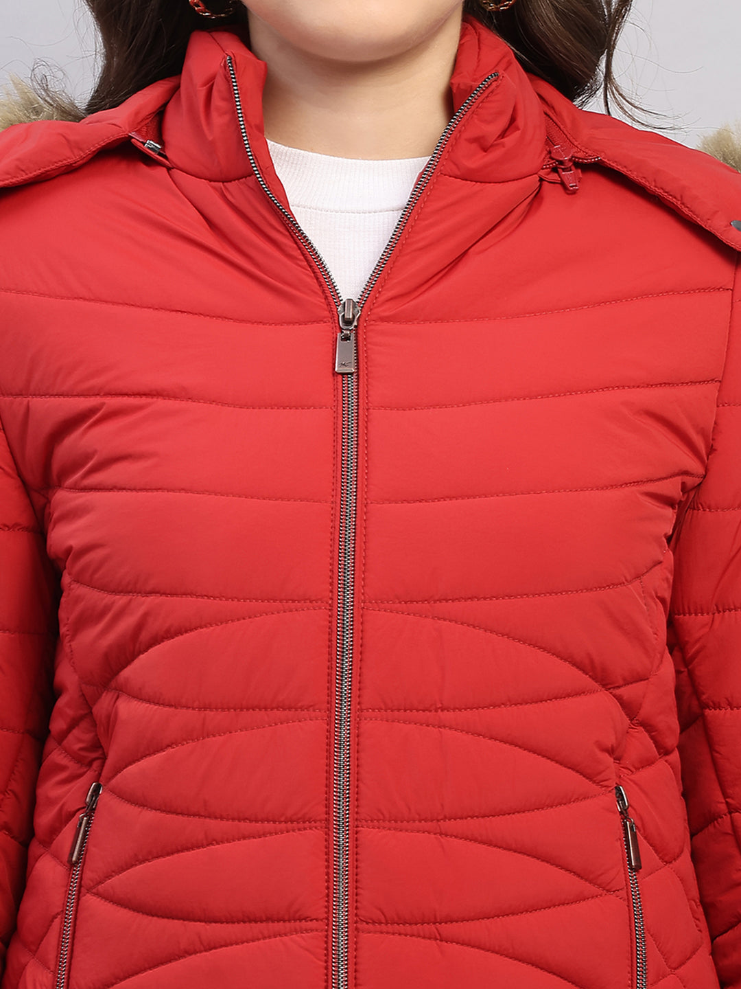 Women Red Solid Hooded Full Sleeve Jacket