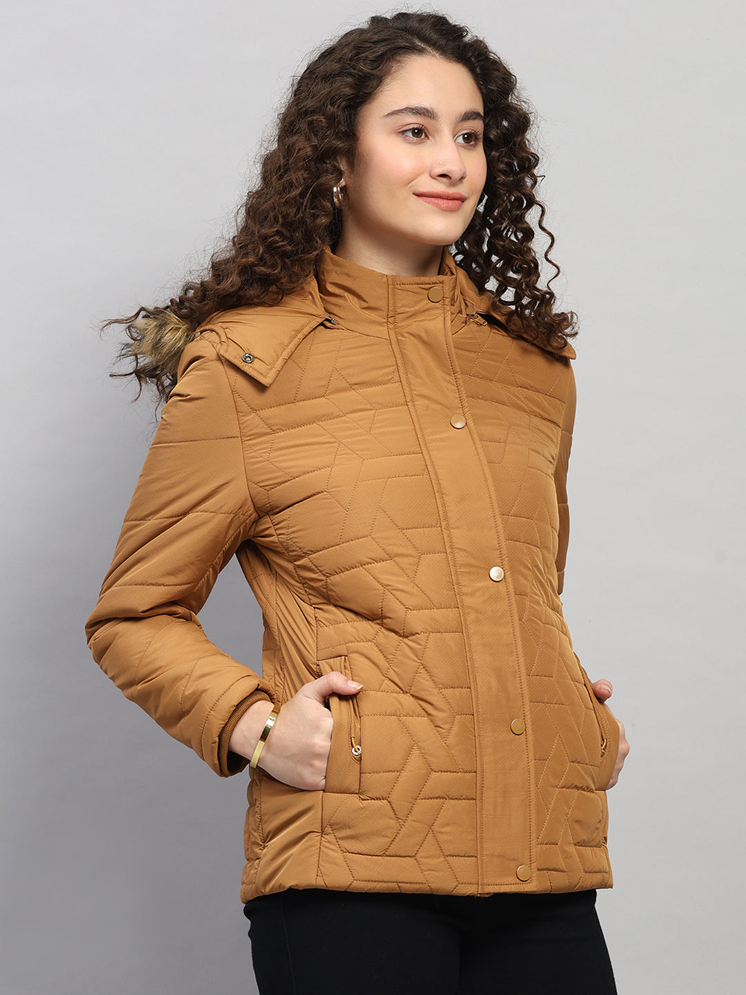 Women Brown Printed Hooded Full Sleeve Jacket