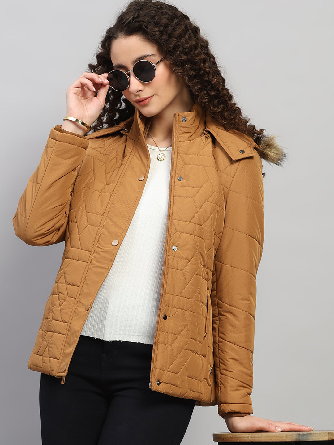 Women Brown Printed Hooded Full Sleeve Jacket