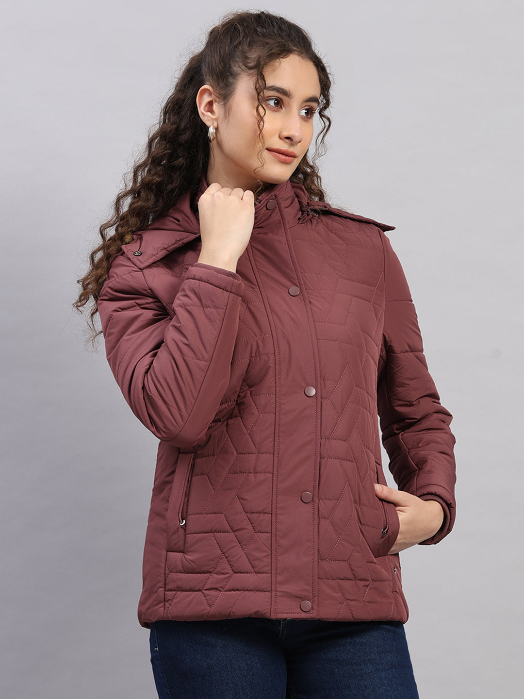 Women Burgundy Printed Hooded Full Sleeve Jacket