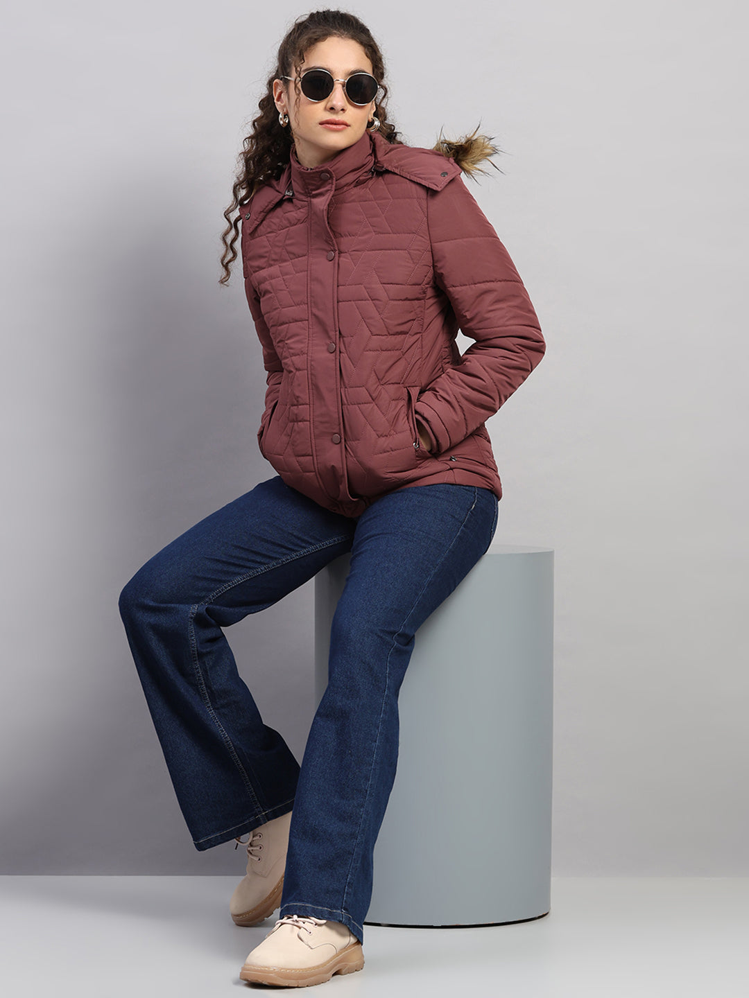 Women Burgundy Printed Hooded Full Sleeve Jacket