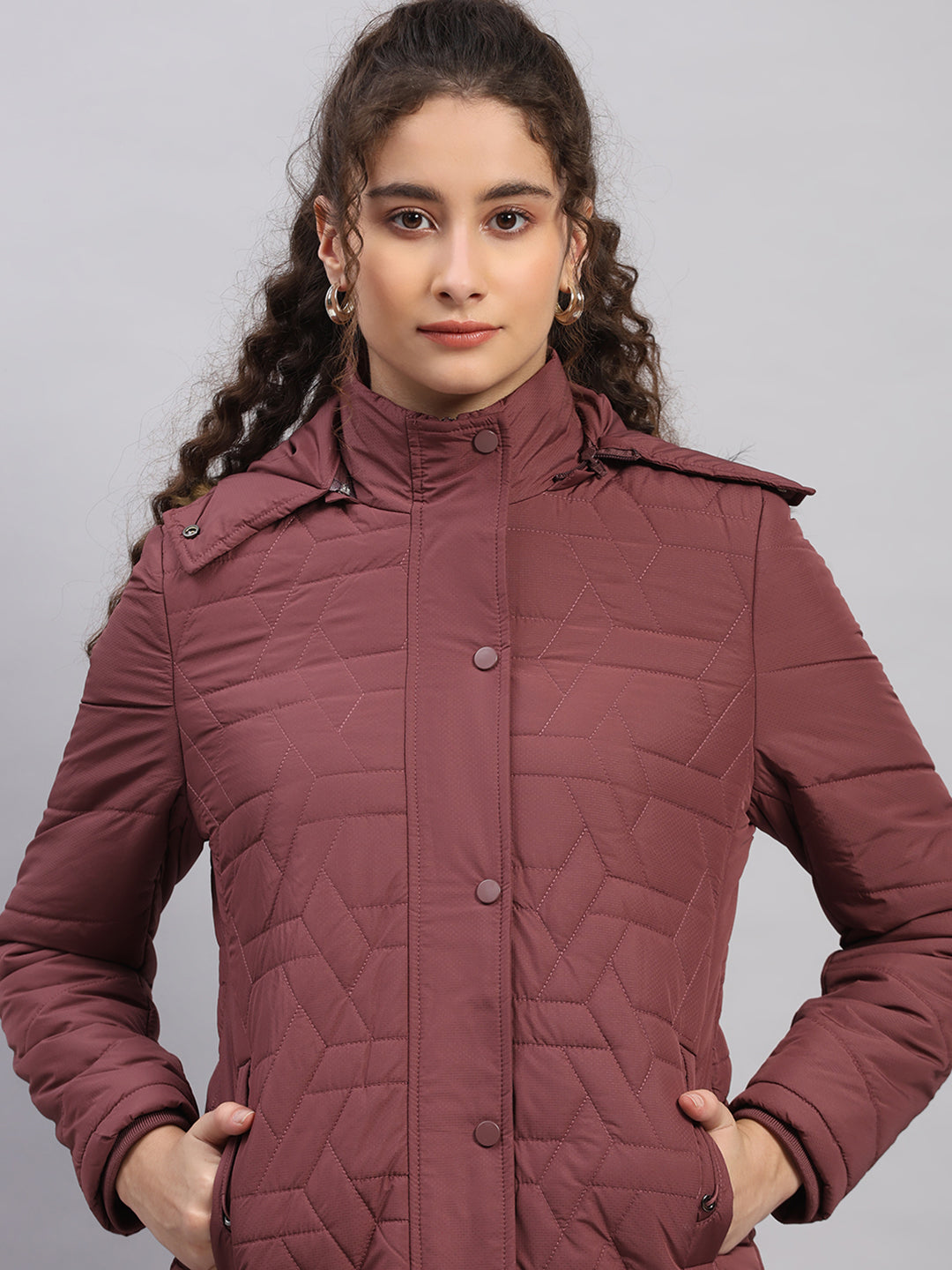 Women Burgundy Printed Hooded Full Sleeve Jacket