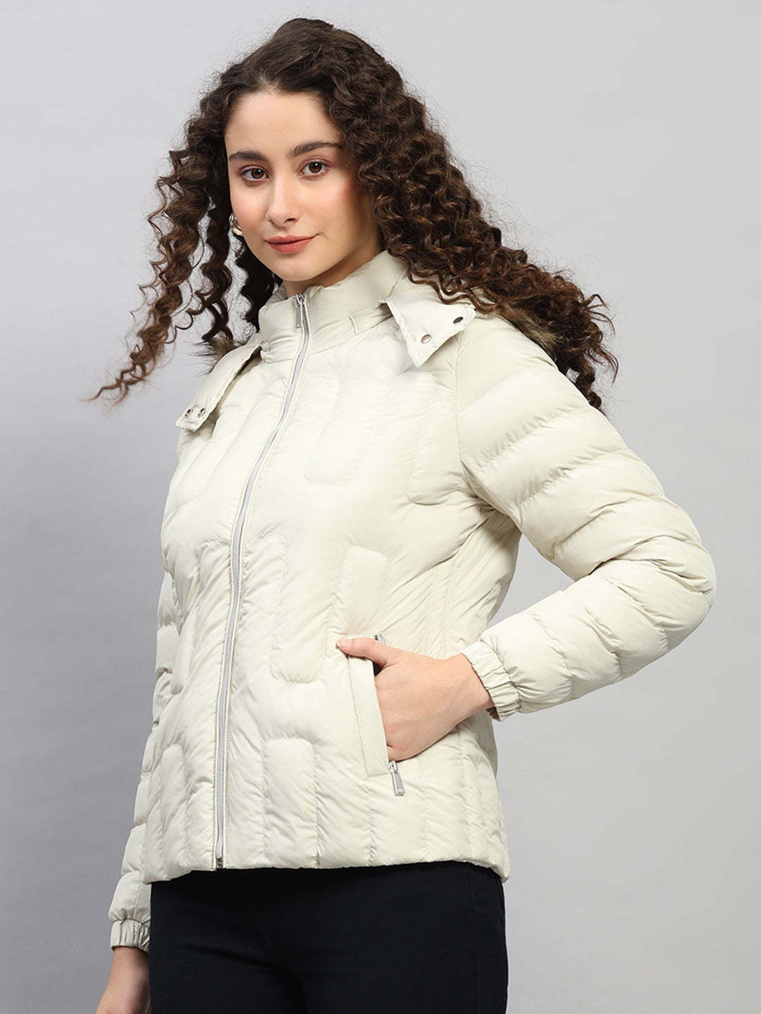 Women Beige Solid Hooded Full Sleeve Jacket