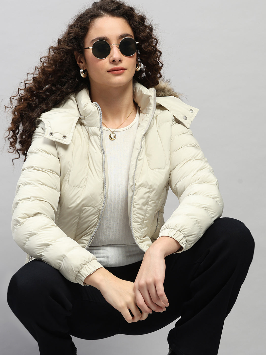 Women Beige Solid Hooded Full Sleeve Jacket