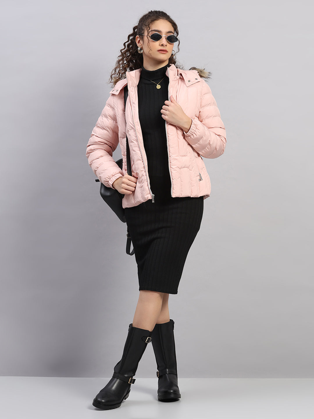 Women Pink Solid Hooded Full Sleeve Jacket