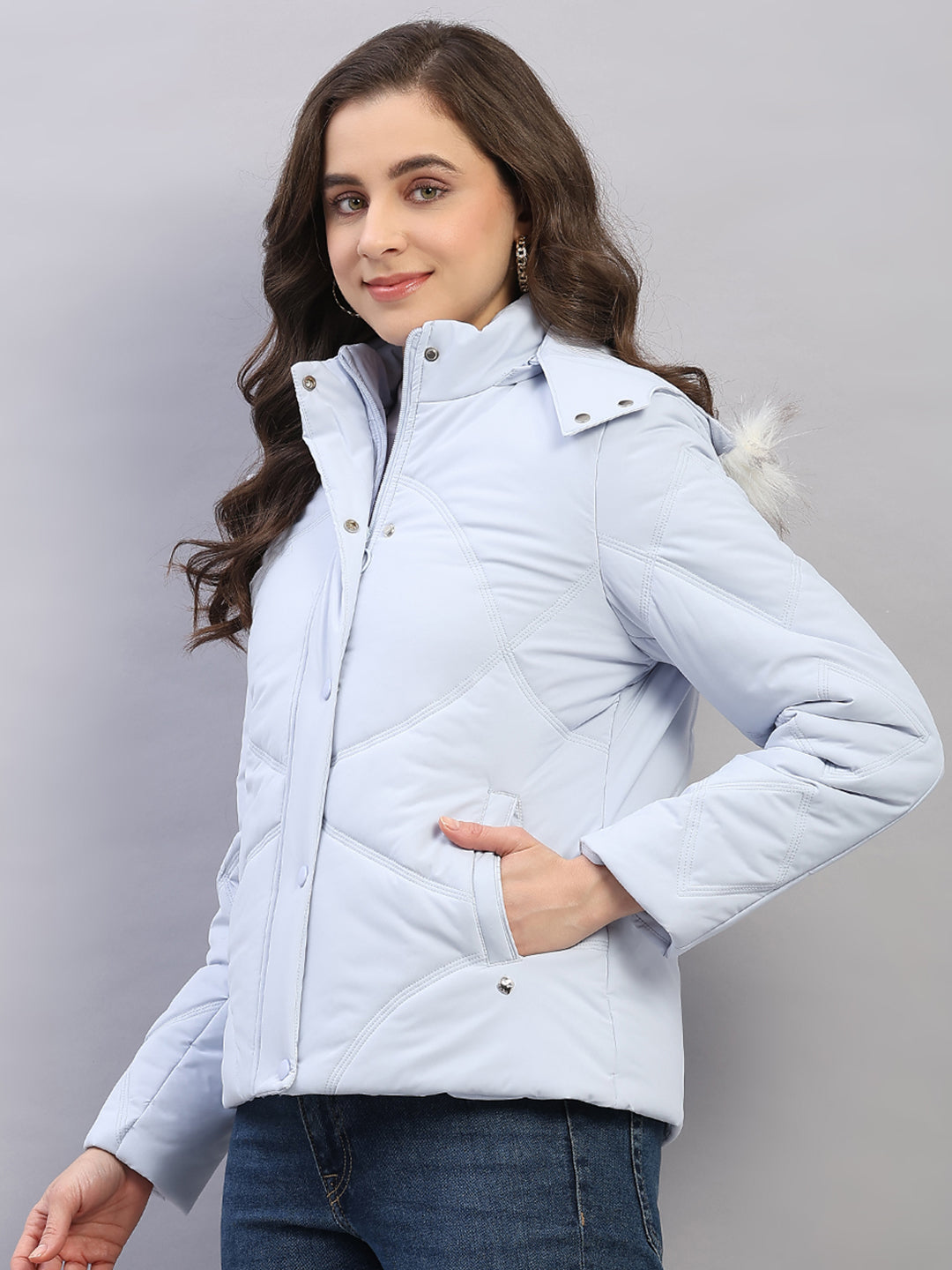 Women Blue Solid Hooded Full Sleeve Jacket