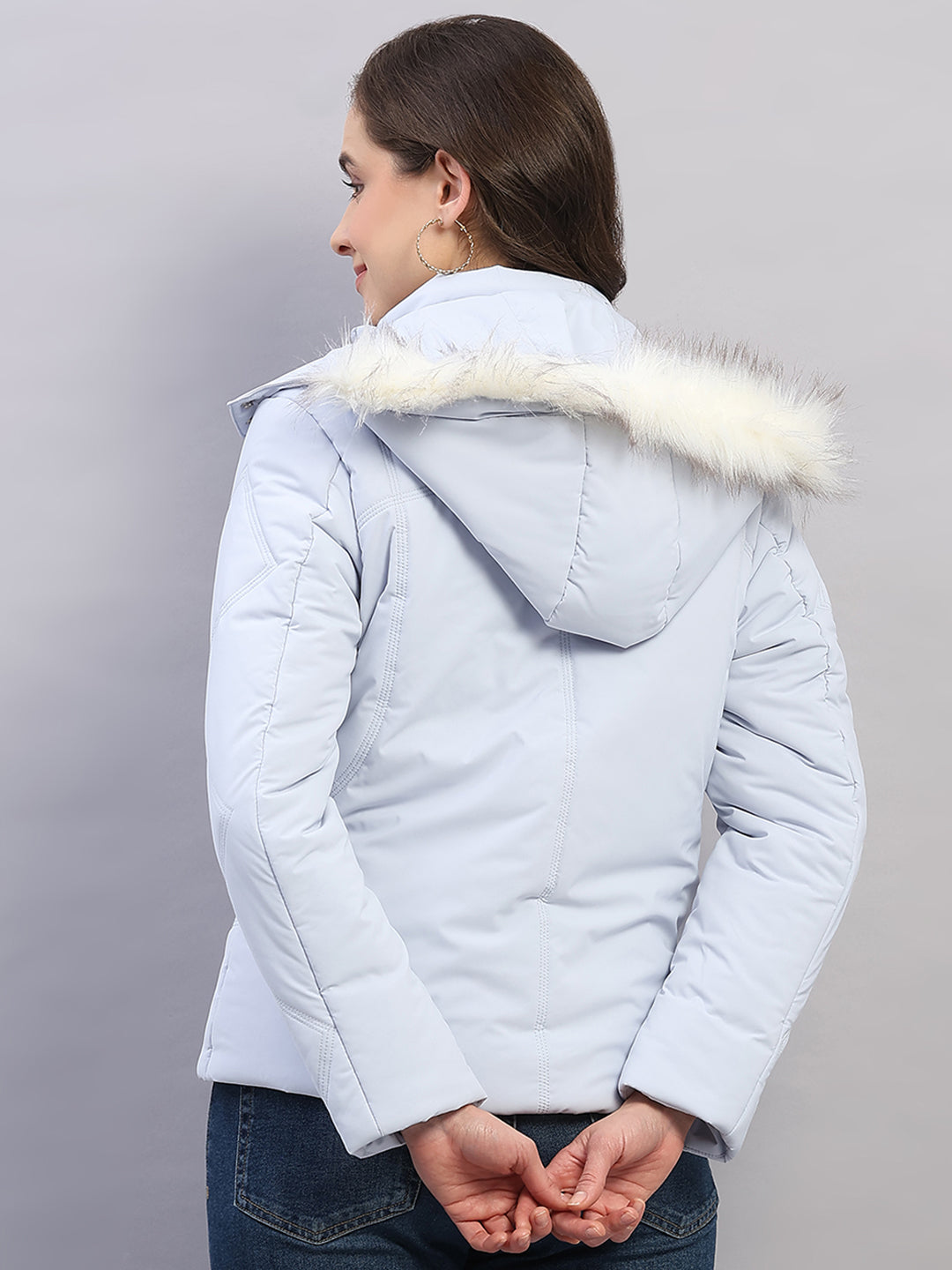 Women Blue Solid Hooded Full Sleeve Jacket