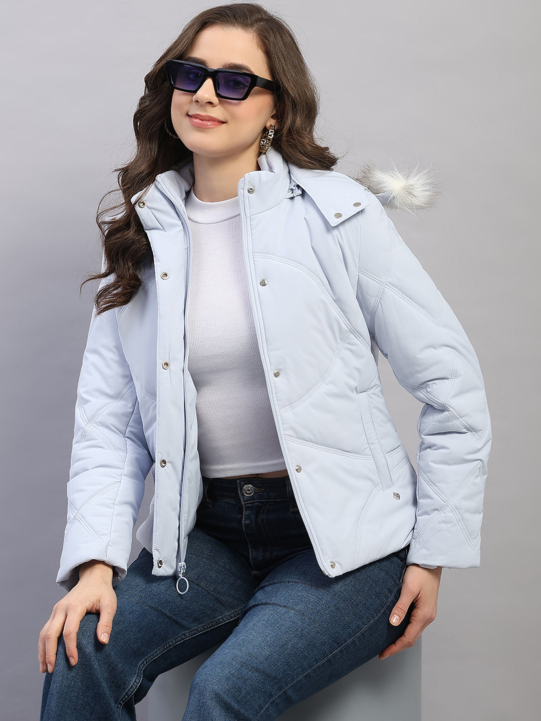 Women Blue Solid Hooded Full Sleeve Jacket