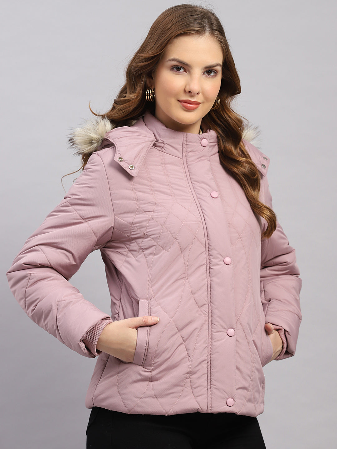 Women Mauve Stripe Hooded Full Sleeve Jacket