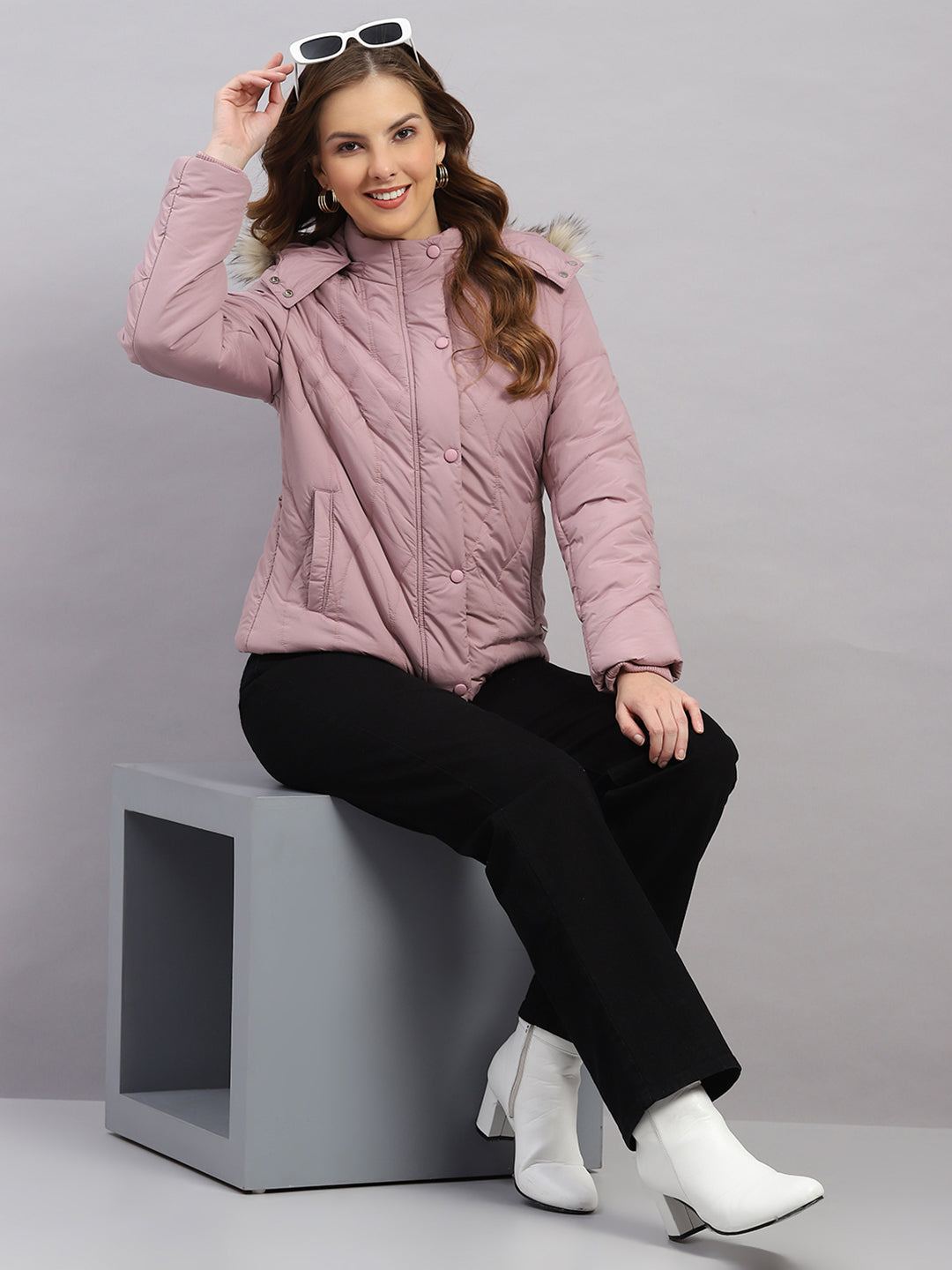 Women Mauve Stripe Hooded Full Sleeve Jacket