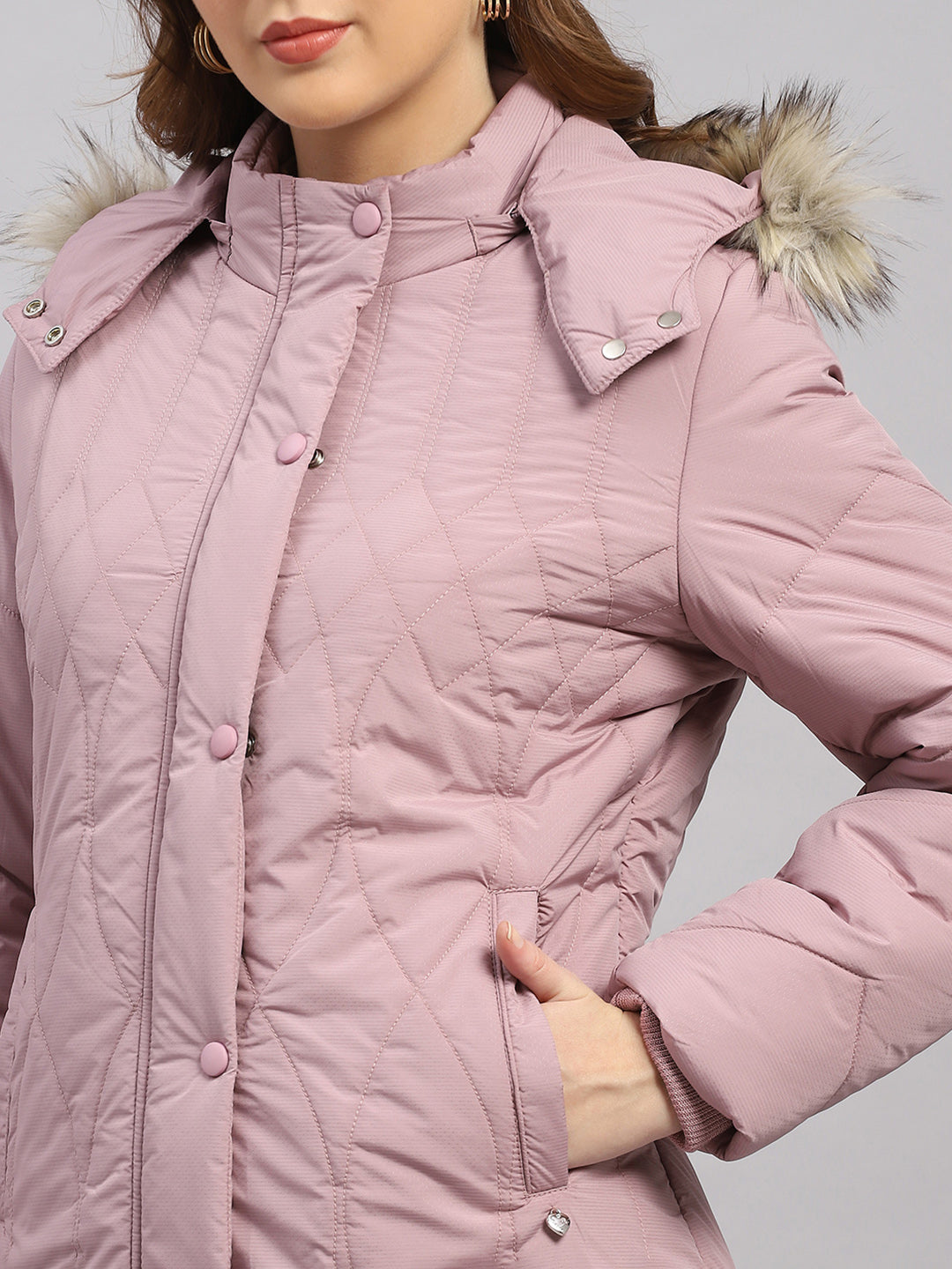 Women Mauve Stripe Hooded Full Sleeve Jacket