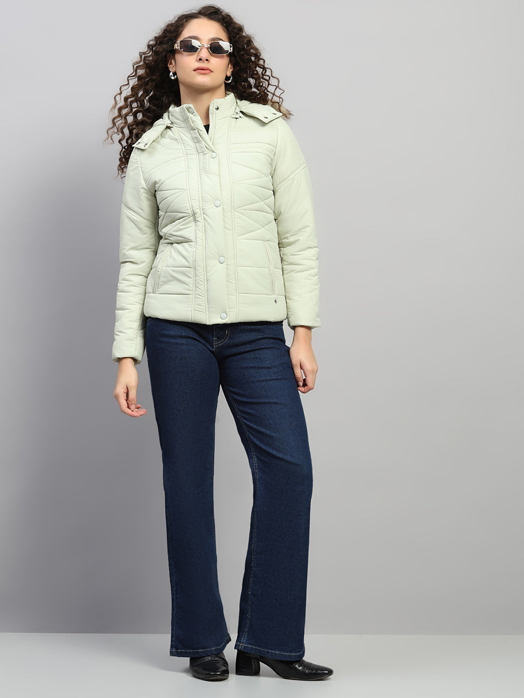 Women Green Self Design Hooded Full Sleeve Jacket