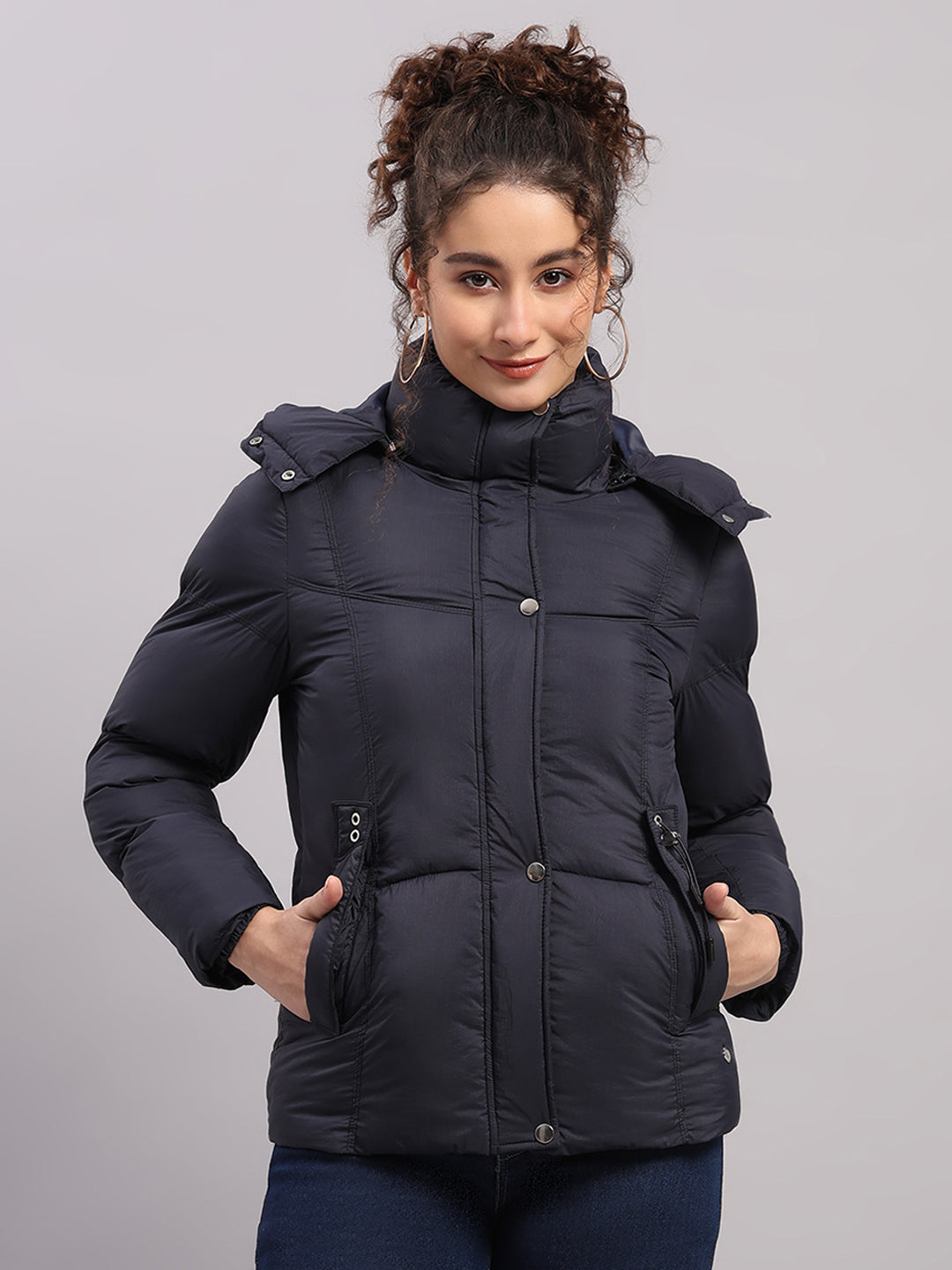 Women Navy Blue Self Design Hooded Full Sleeve Jacket