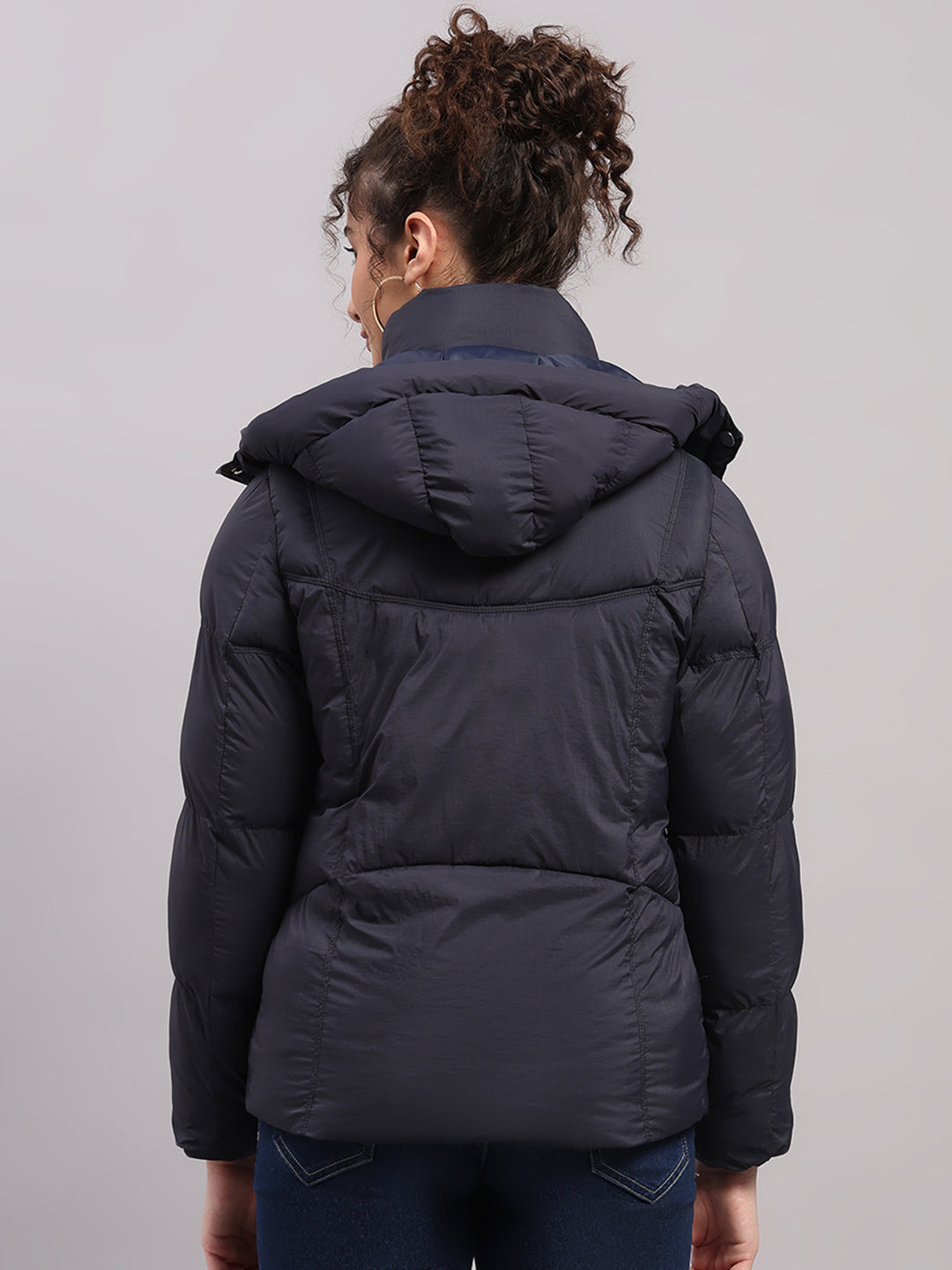 Women Navy Blue Self Design Hooded Full Sleeve Jacket
