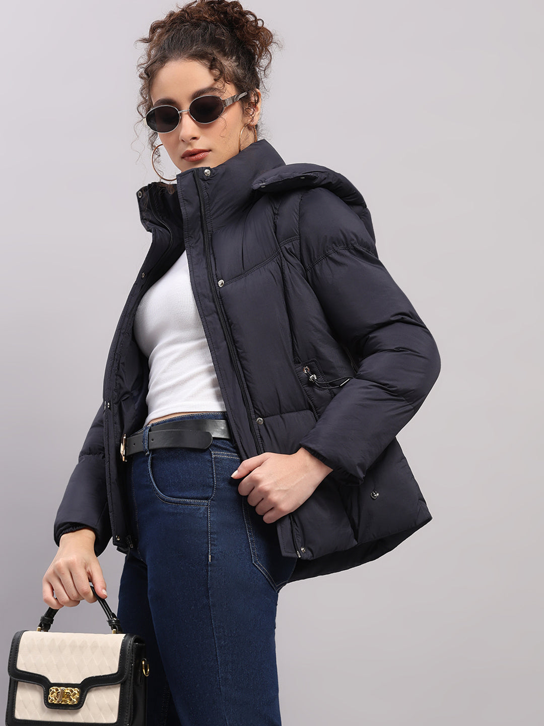 Women Navy Blue Self Design Hooded Full Sleeve Jacket