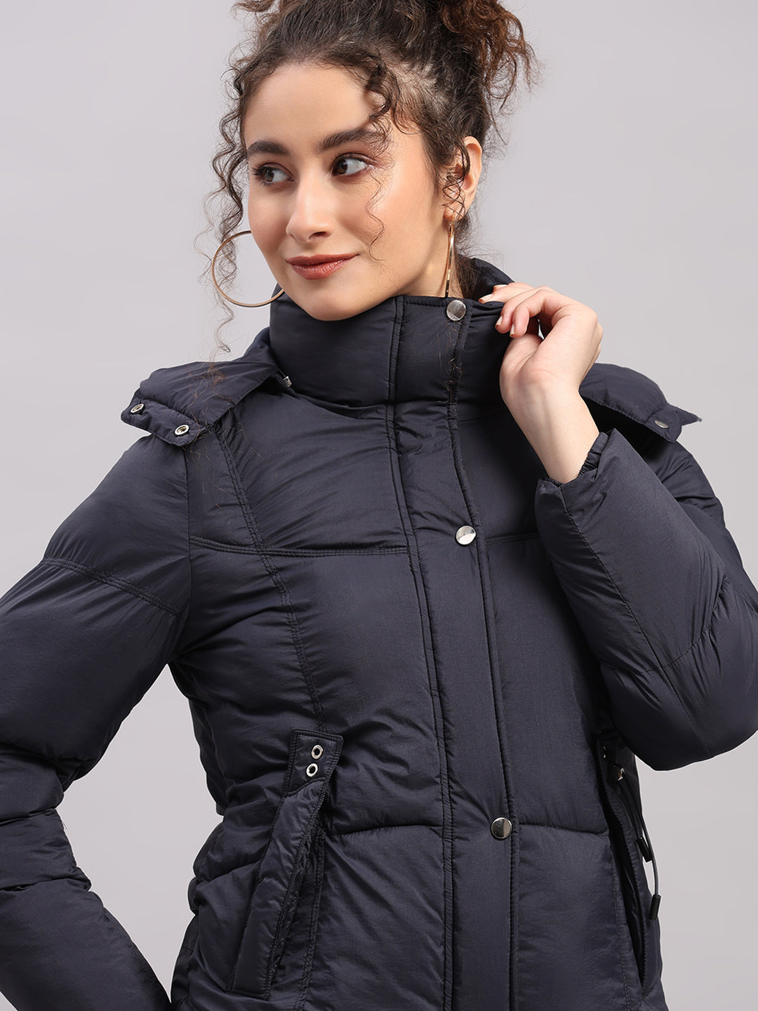 Women Navy Blue Self Design Hooded Full Sleeve Jacket