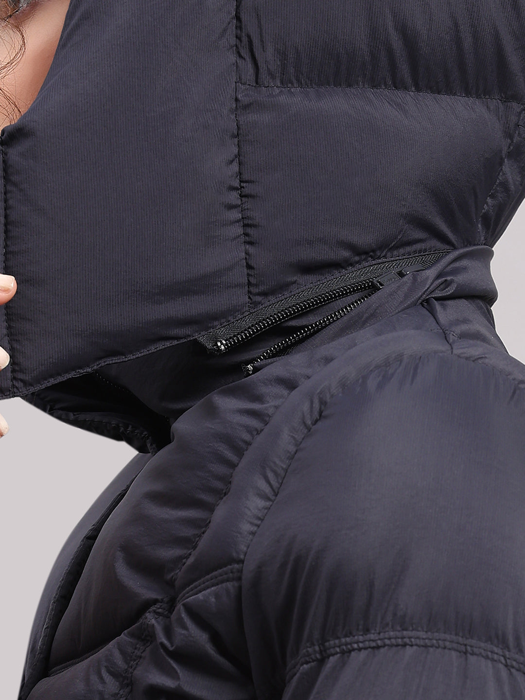 Women Navy Blue Self Design Hooded Full Sleeve Jacket