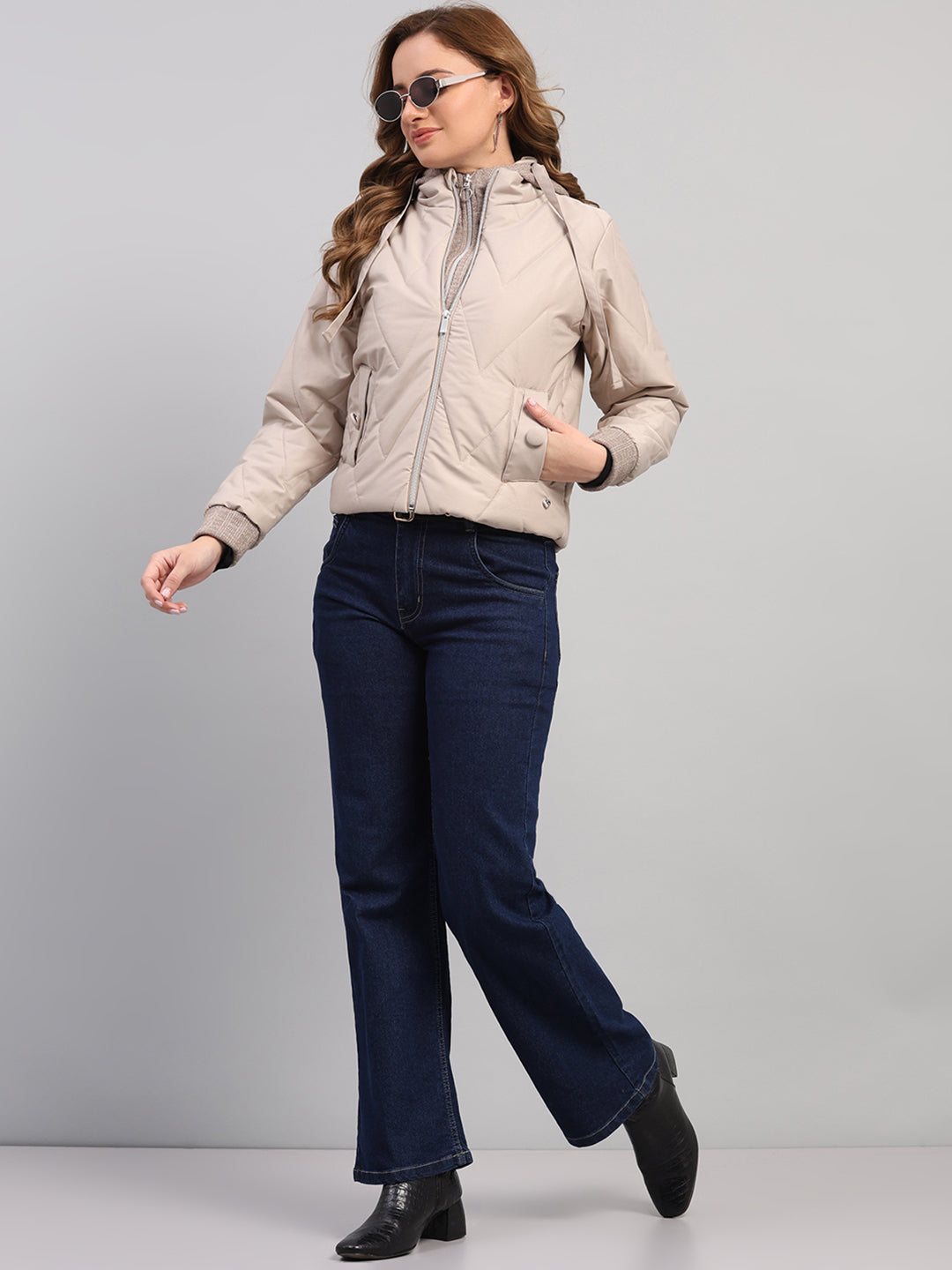 Women Beige Self Design Hooded Full Sleeve Jacket