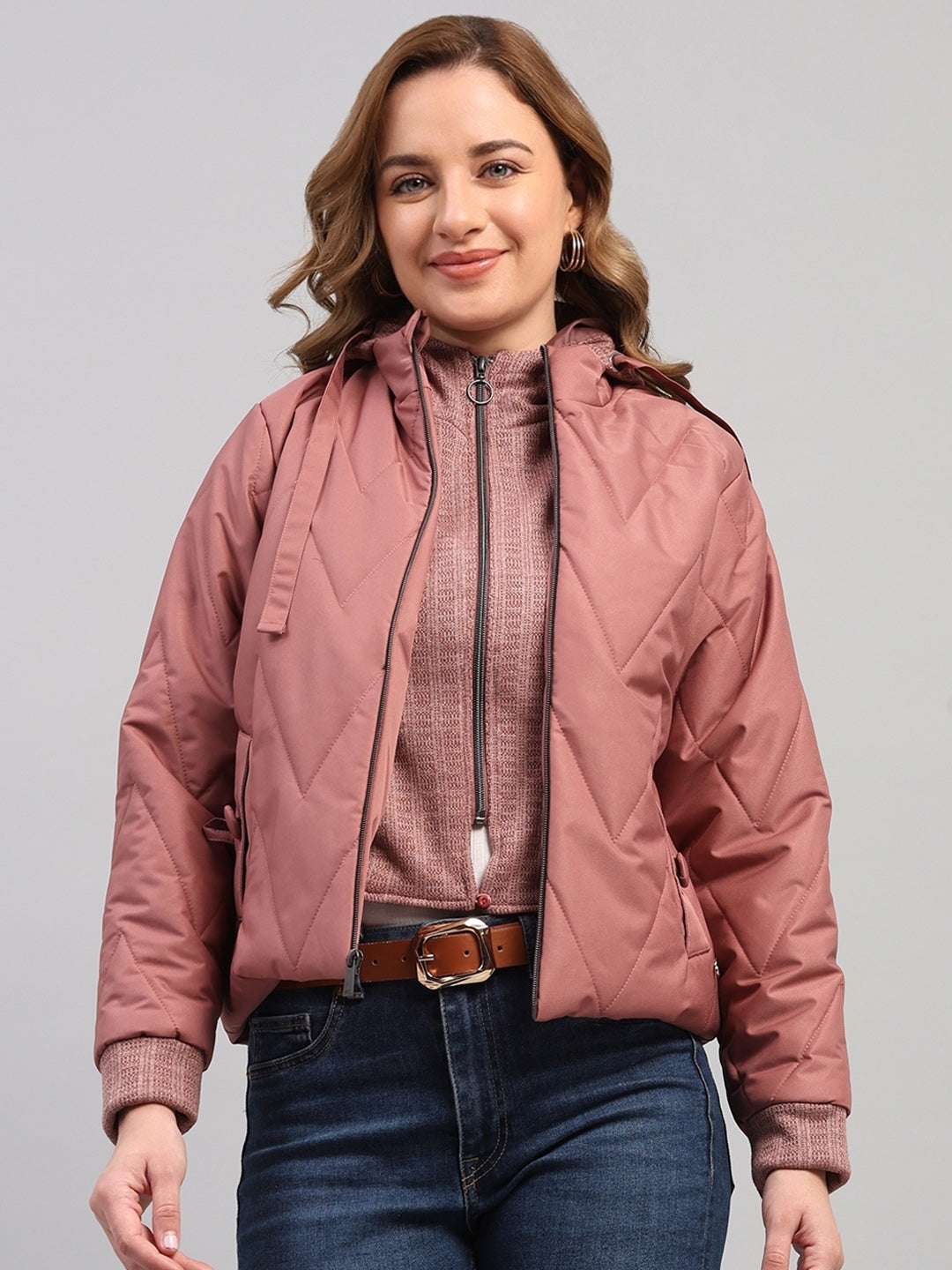 Women Mauve Self Design Hooded Full Sleeve Jacket