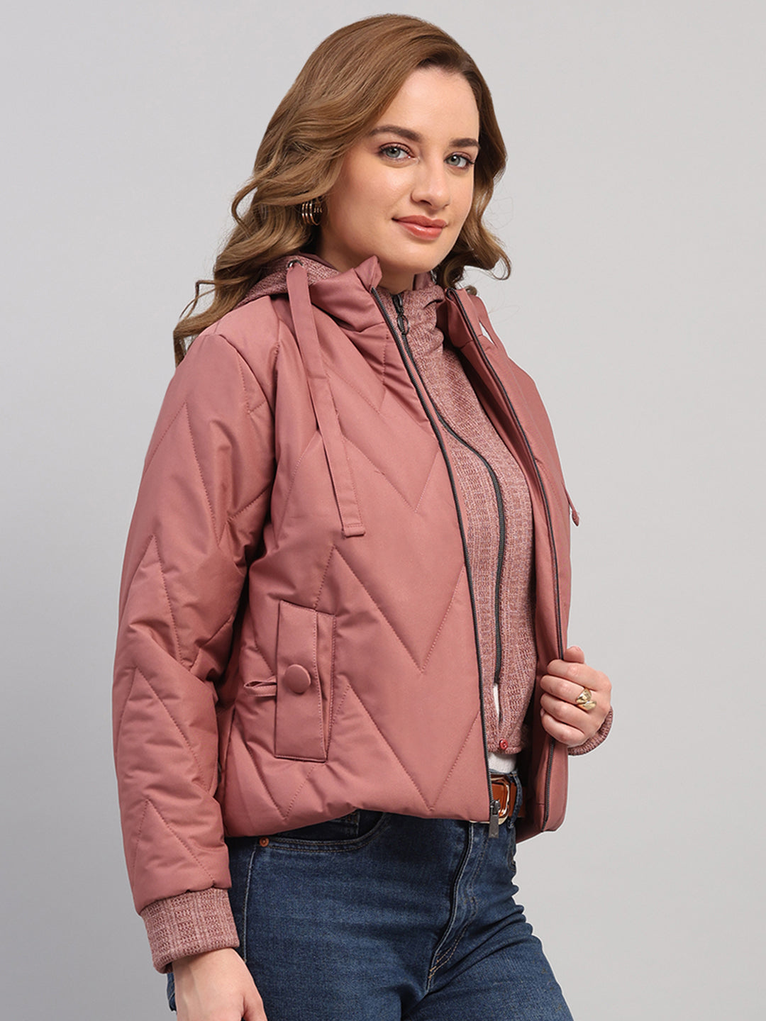 Women Mauve Self Design Hooded Full Sleeve Jacket