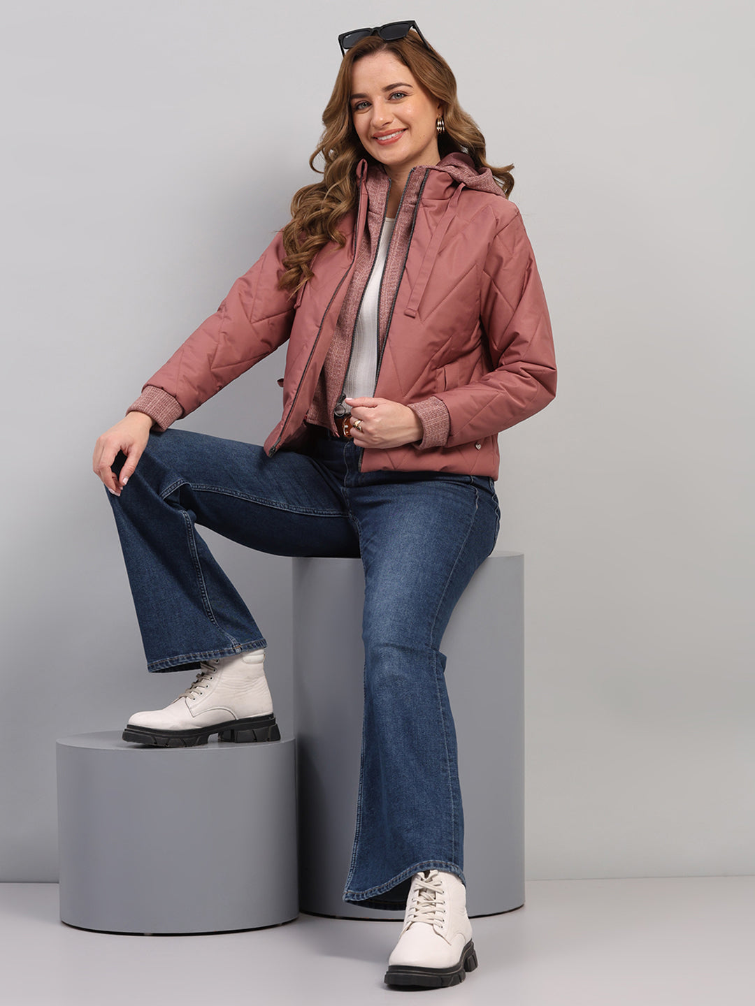 Women Mauve Self Design Hooded Full Sleeve Jacket