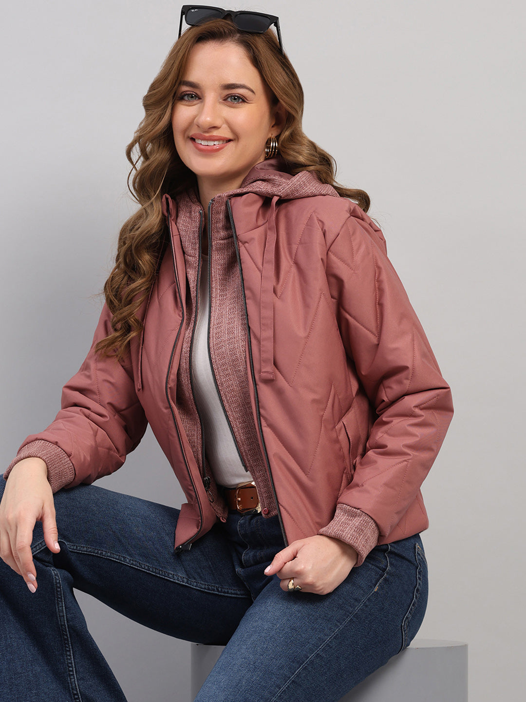 Women Mauve Self Design Hooded Full Sleeve Jacket