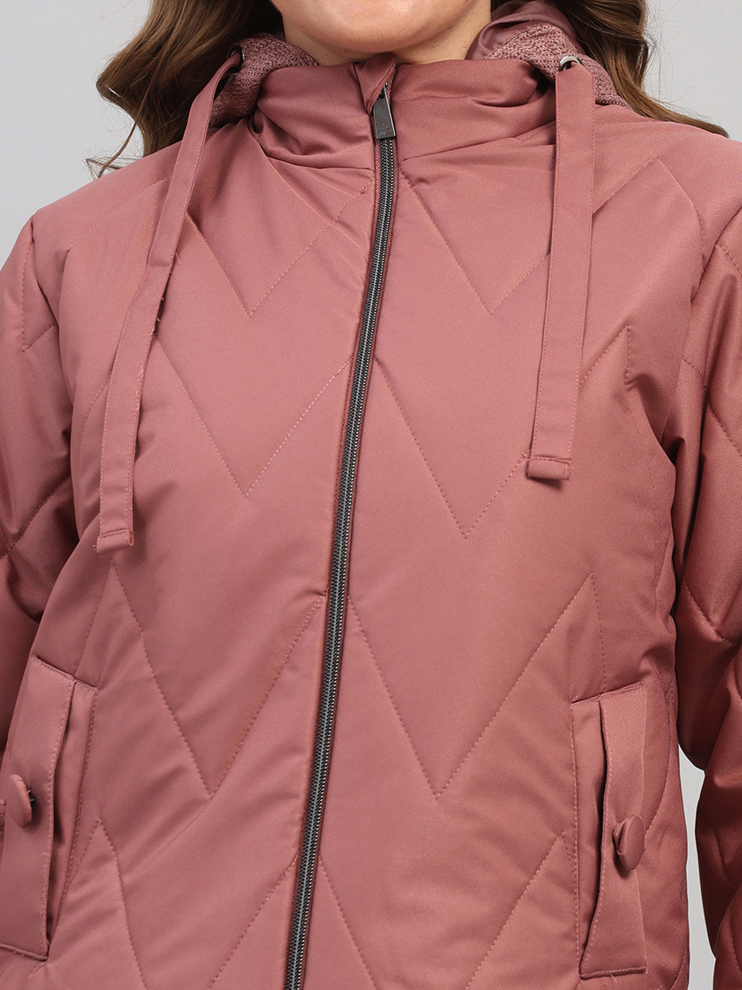 Women Mauve Self Design Hooded Full Sleeve Jacket