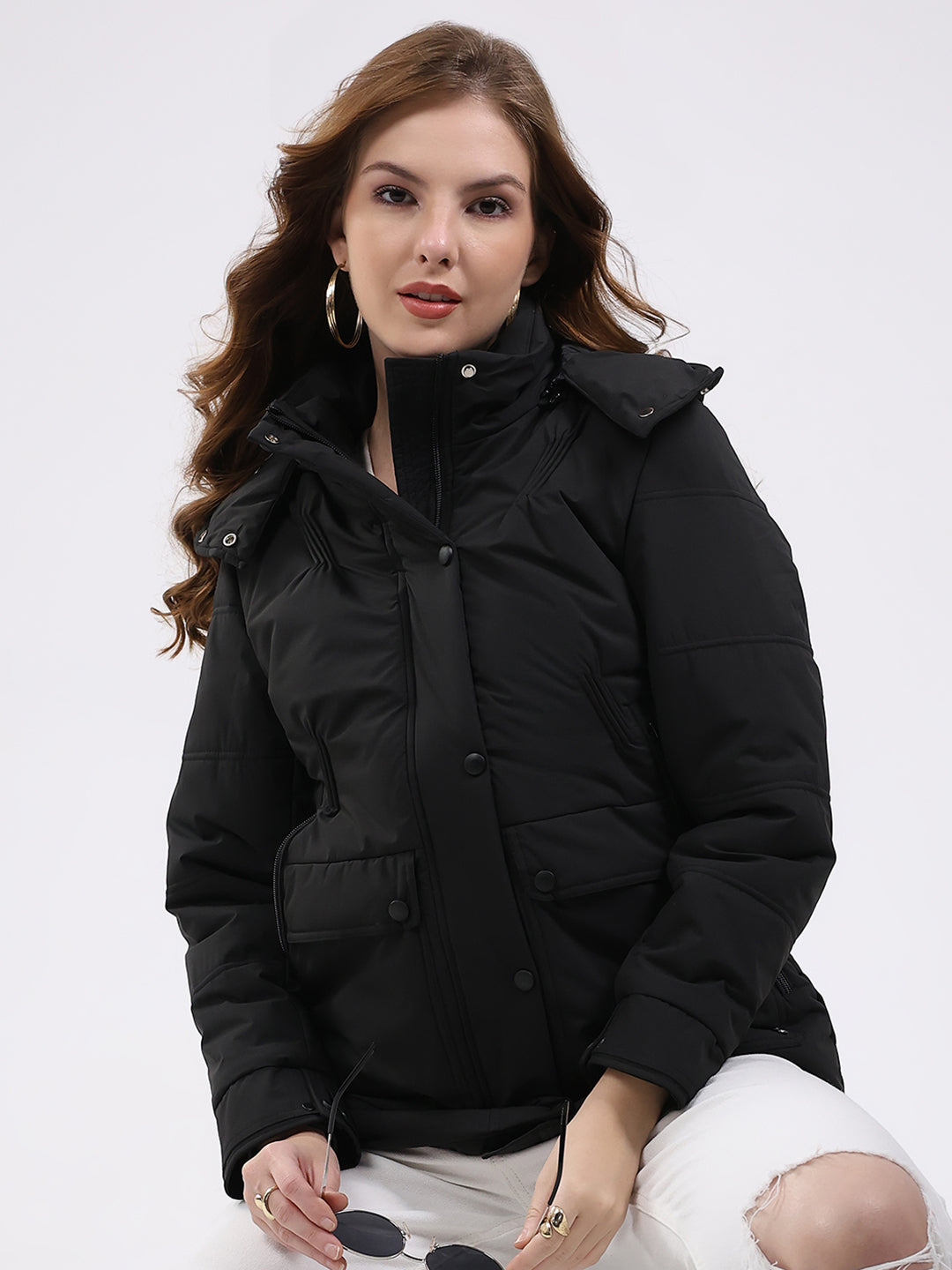 Women Black Solid Hooded Full Sleeve Jacket