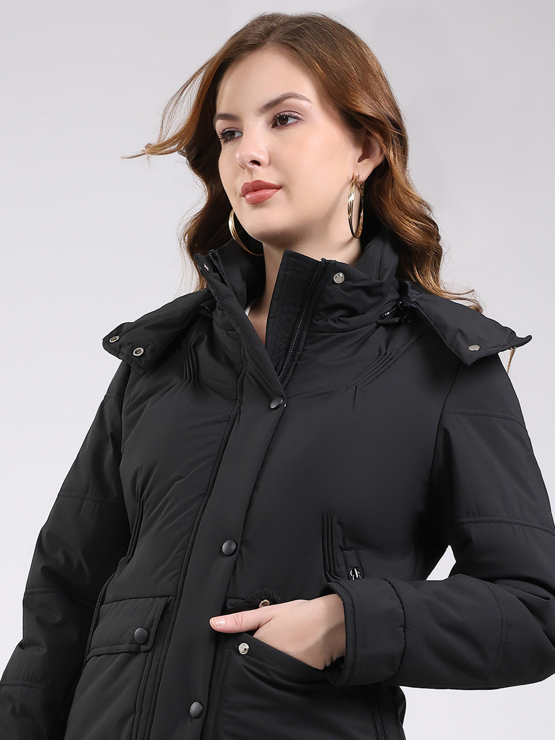 Women Black Solid Hooded Full Sleeve Jacket