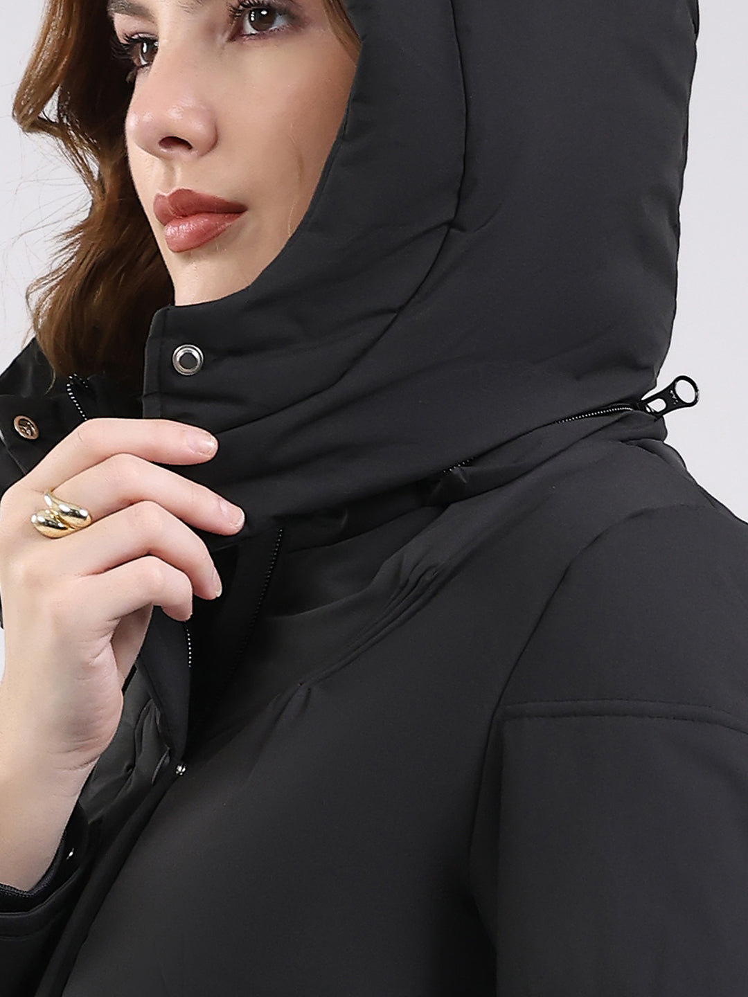 Women Black Solid Hooded Full Sleeve Jacket